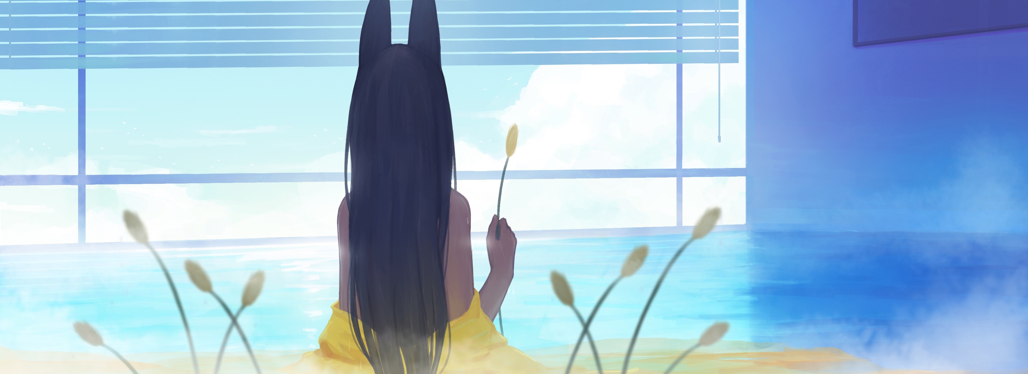 neko ears, water, spike, yellow, anime, HD Wallpaper