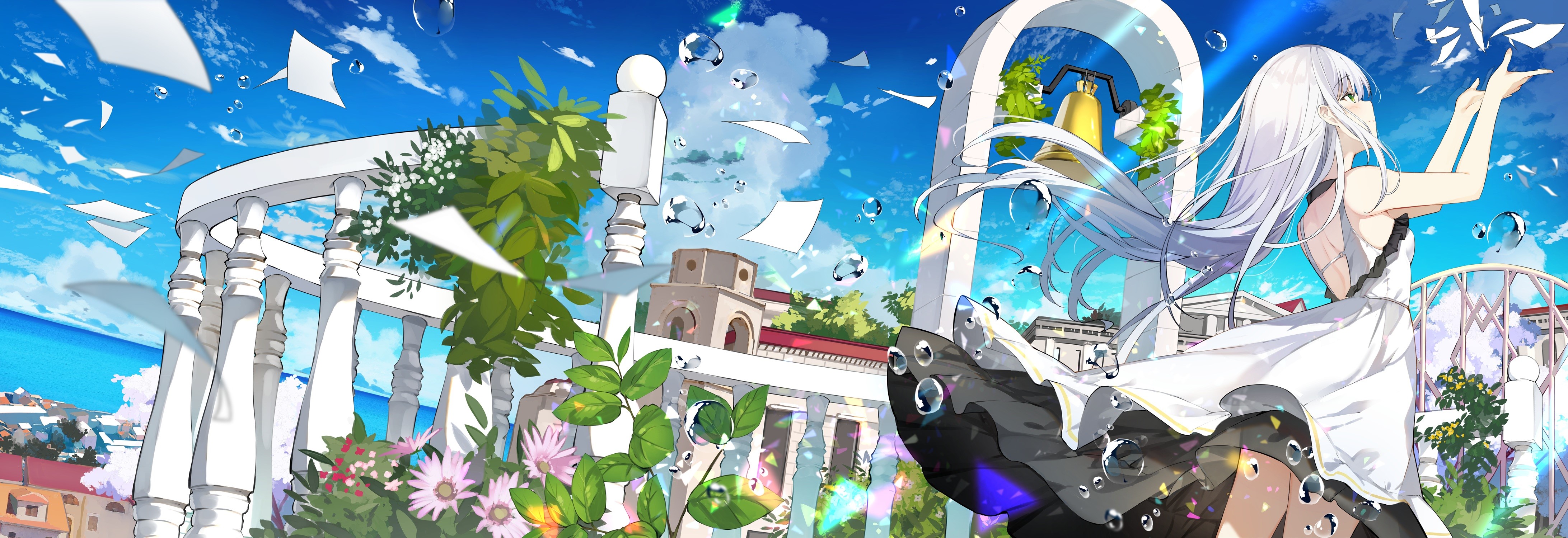 sutorora, anime girls, sky, grass, flowers, white hair, anime, HD Wallpaper