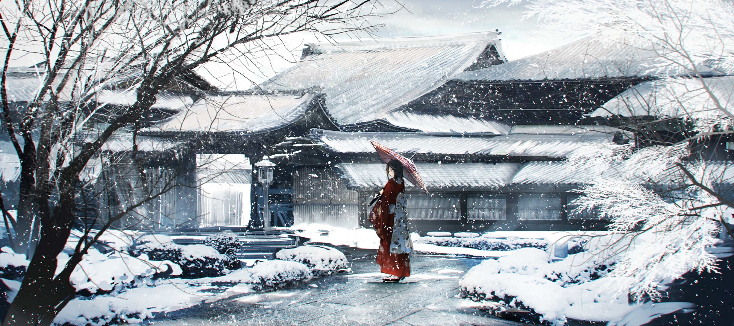snow, umbrella, winter, yukata, HD Wallpaper