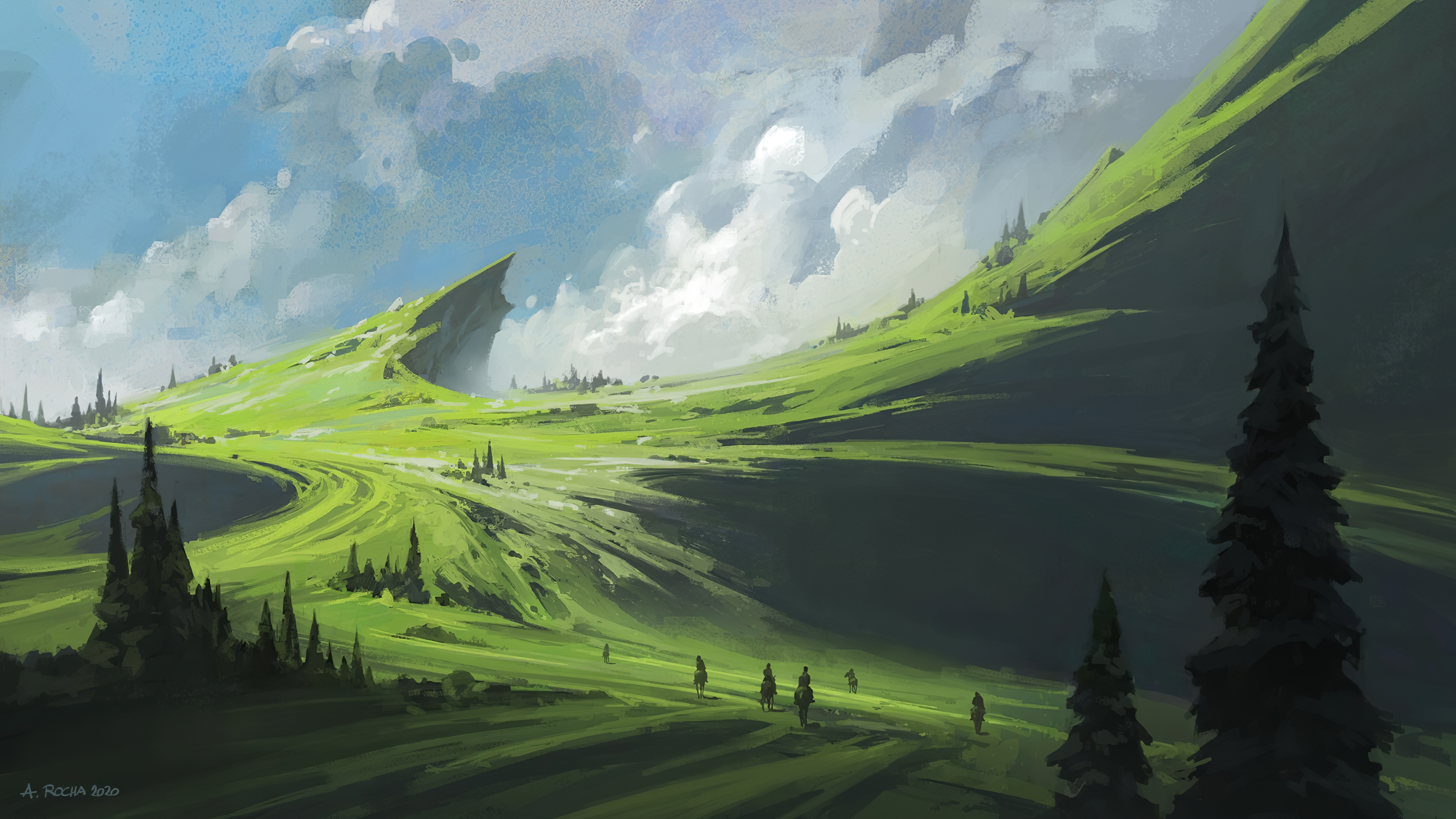 field, mountains, trees, digital art, artwork, painting, clouds, grass, green, HD Wallpaper
