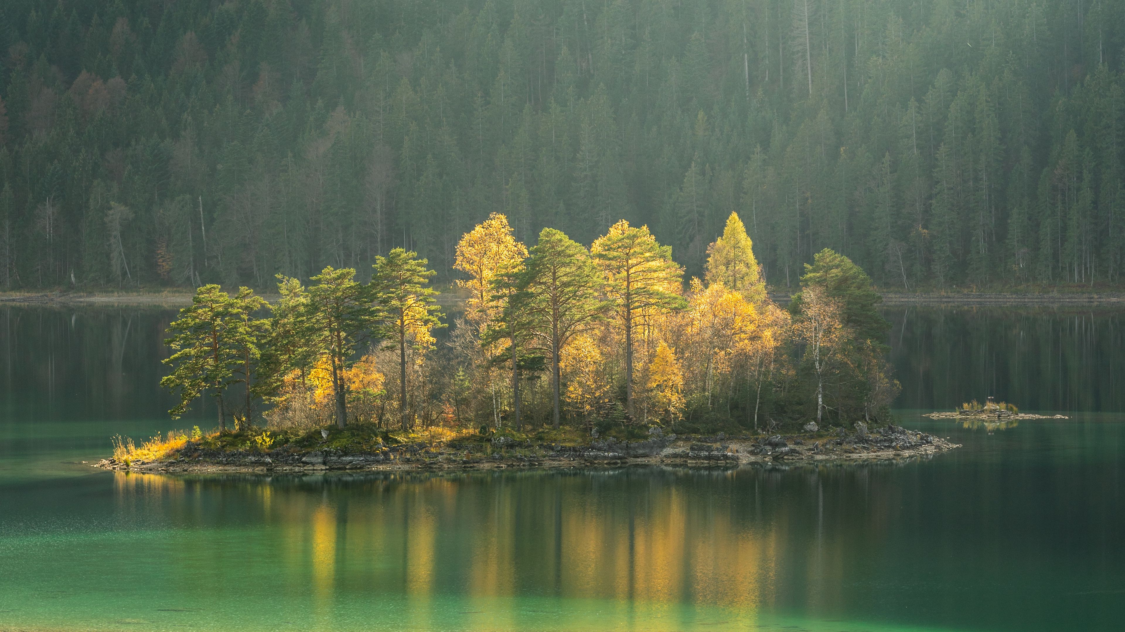 island, lake, trees, fog, 4k, HD Wallpaper