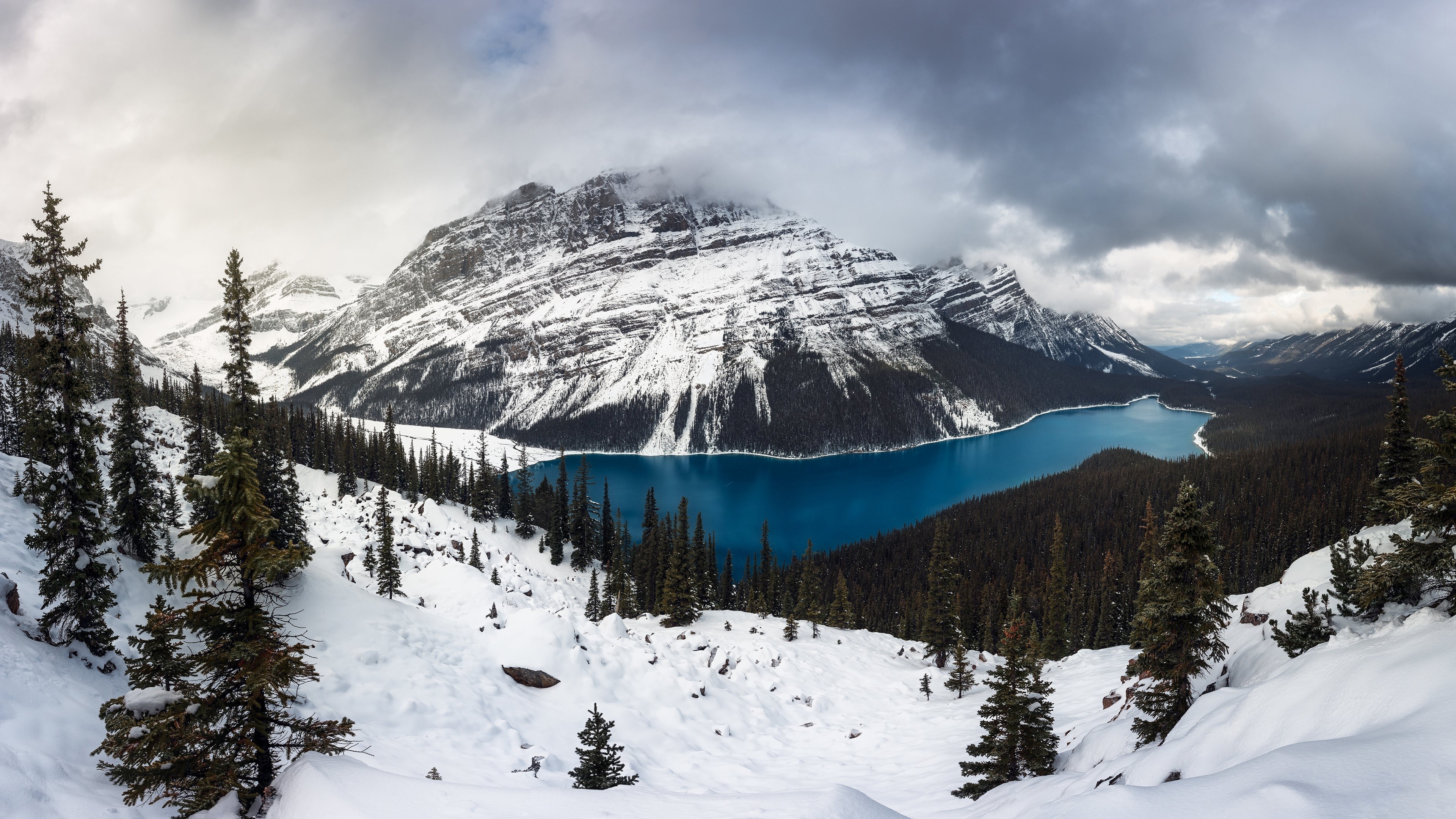 landscape, mountains, lake, snow, forest, trees, winter, HD Wallpaper