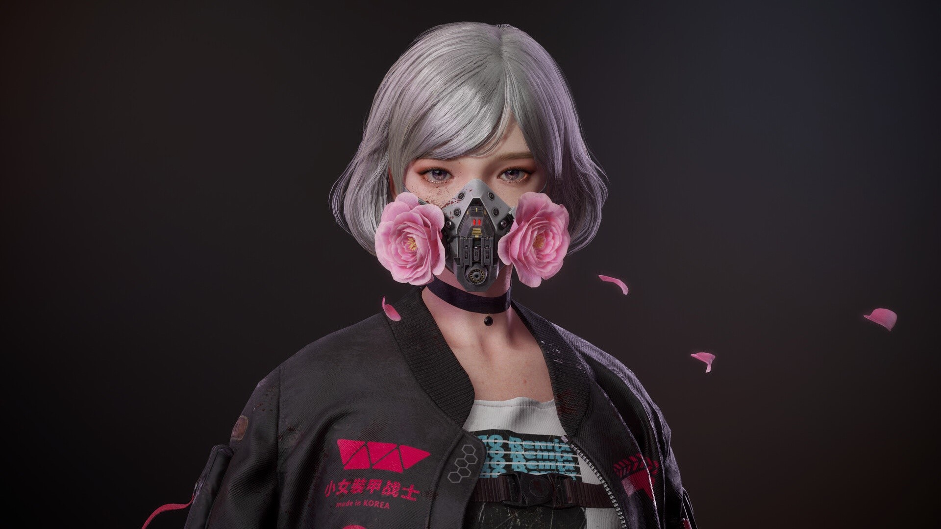 digital, cyberpunk, anime, grey hair, looking at viewer, blood, Yerim Kim, HD Wallpaper