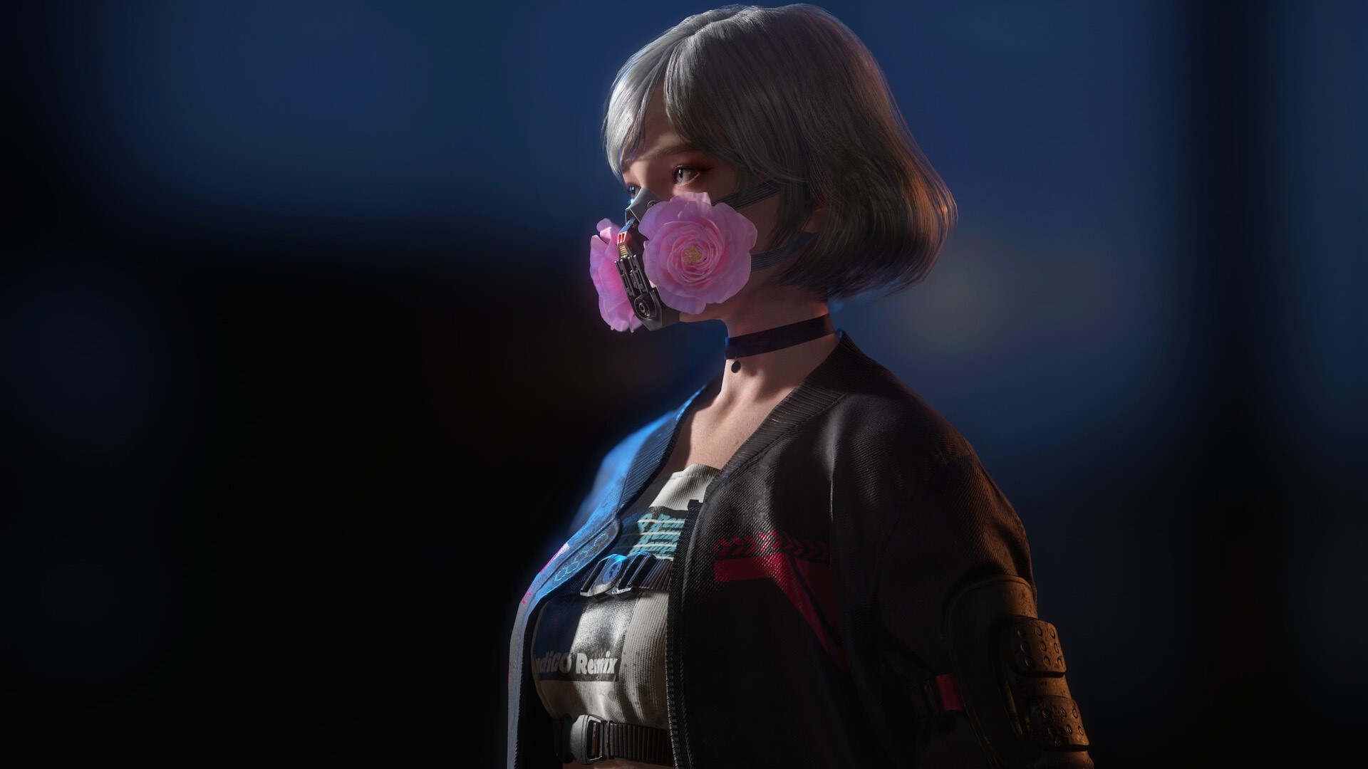 Yerim Kim, digital, cyberpunk, petals, rose, anime, mask, HD Wallpaper