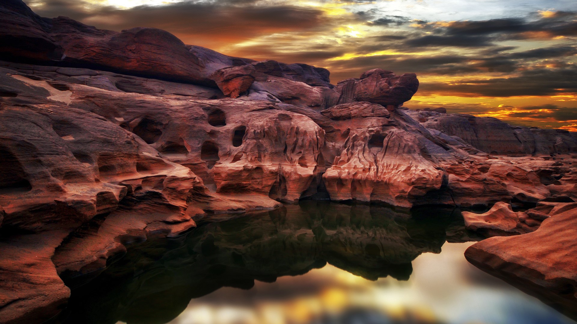 nature, landscape, rocks, clouds, sunset, sky, water, canyon, reflection, Thailand, long exposure, HD Wallpaper