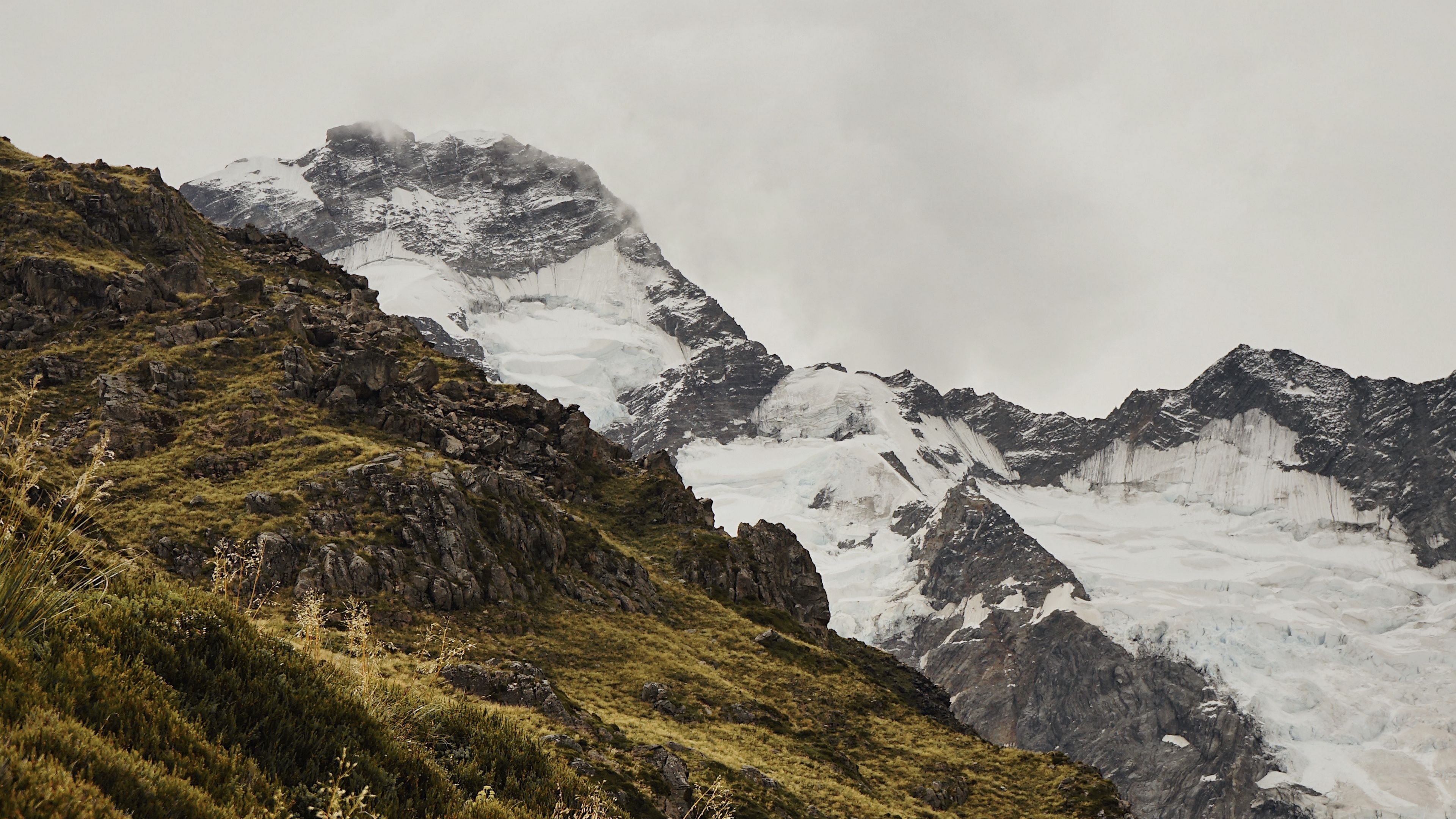 mountain, grass, snow, hill, 4k, HD Wallpaper