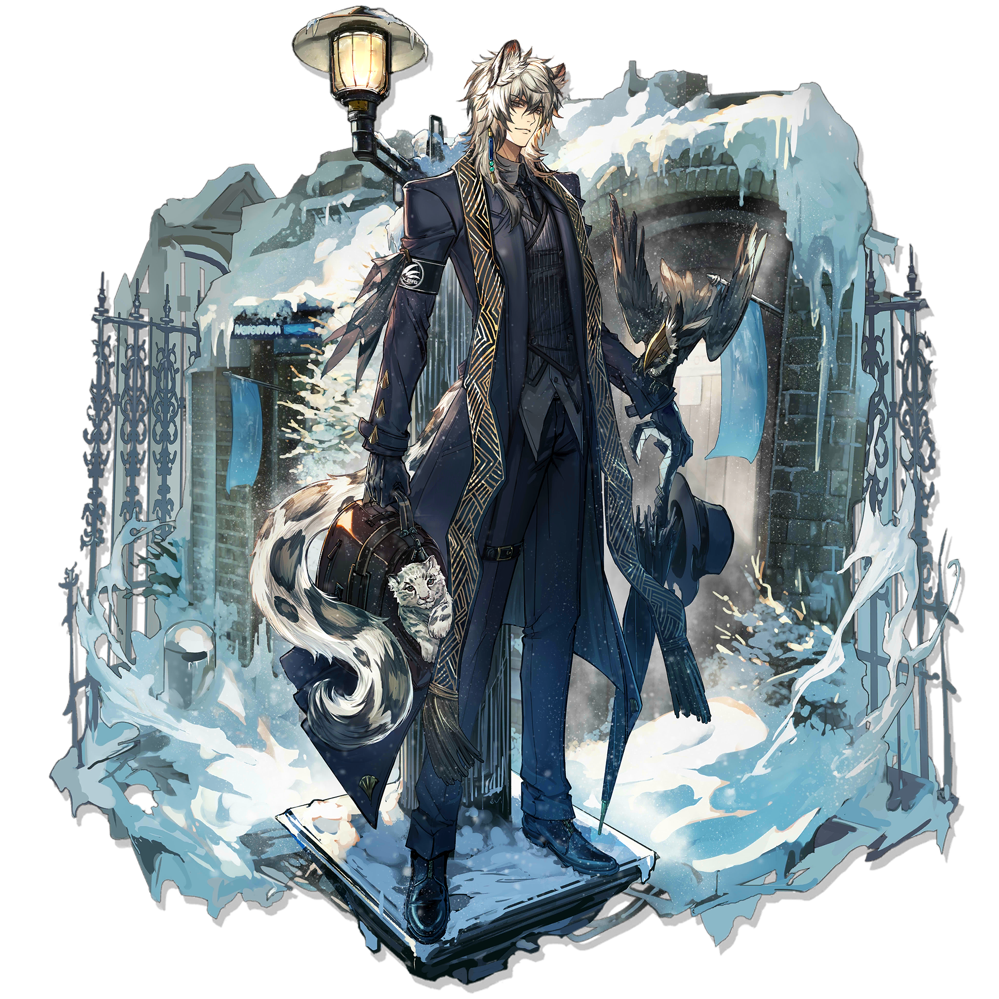 Arknights, Silverash (Arknights), snow, coats, umbrella, suitcase, necktie, snow leopard, snow leopards, fence, HD Wallpaper