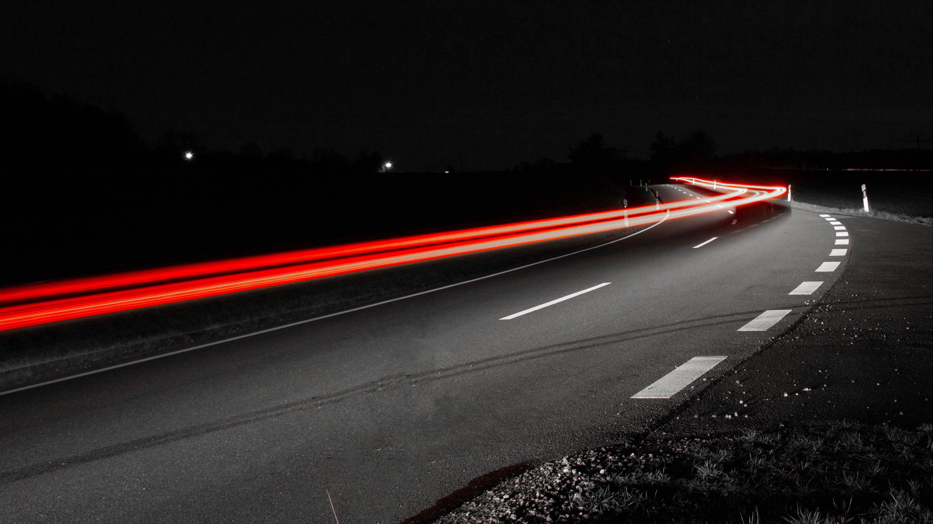 road, long exposure, turn, asphalt, night, 4k, HD Wallpaper