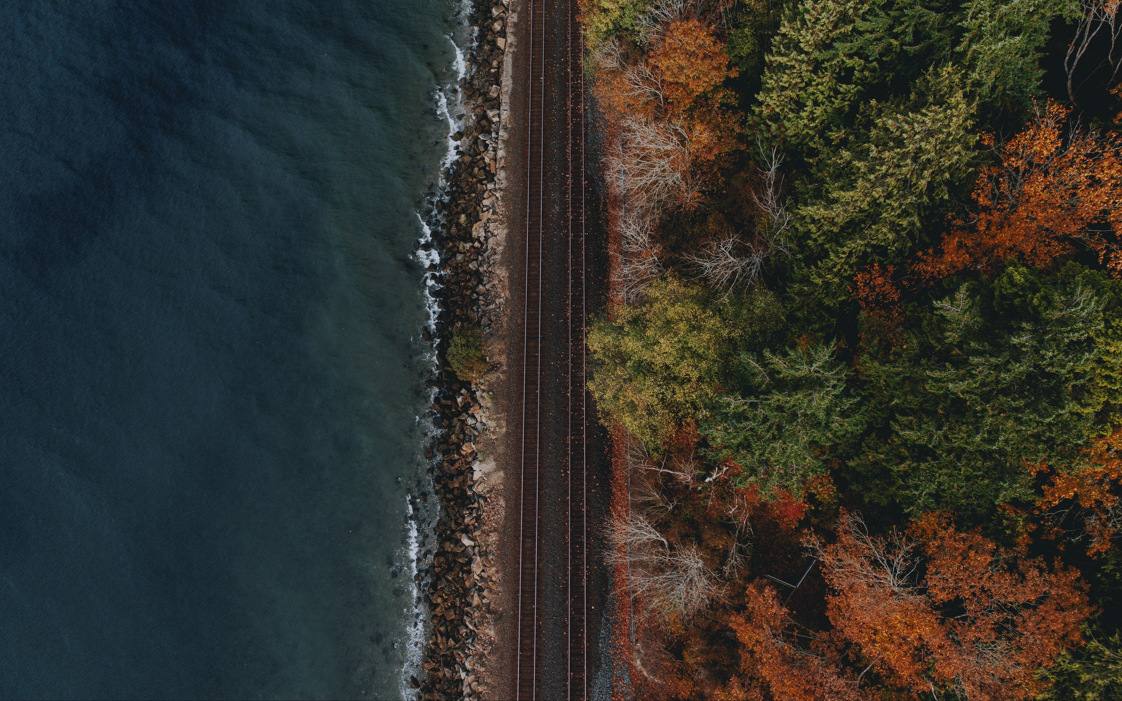 railroad track, nature, ocean view, trees, stones, aerial view, HD Wallpaper