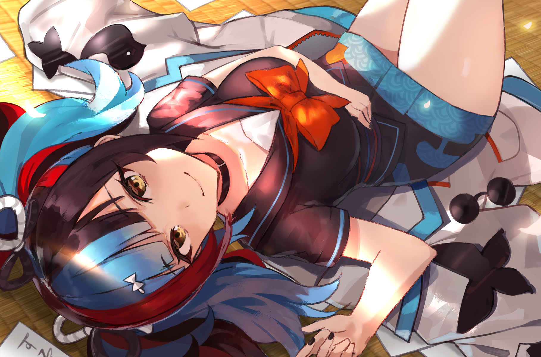 Sei Shonagon (Fate/Grand Order), multi-colored hair, aqua eyes, bow, skirt, twintails, paper, long hair, anime, Fate/Grand Order, HD Wallpaper