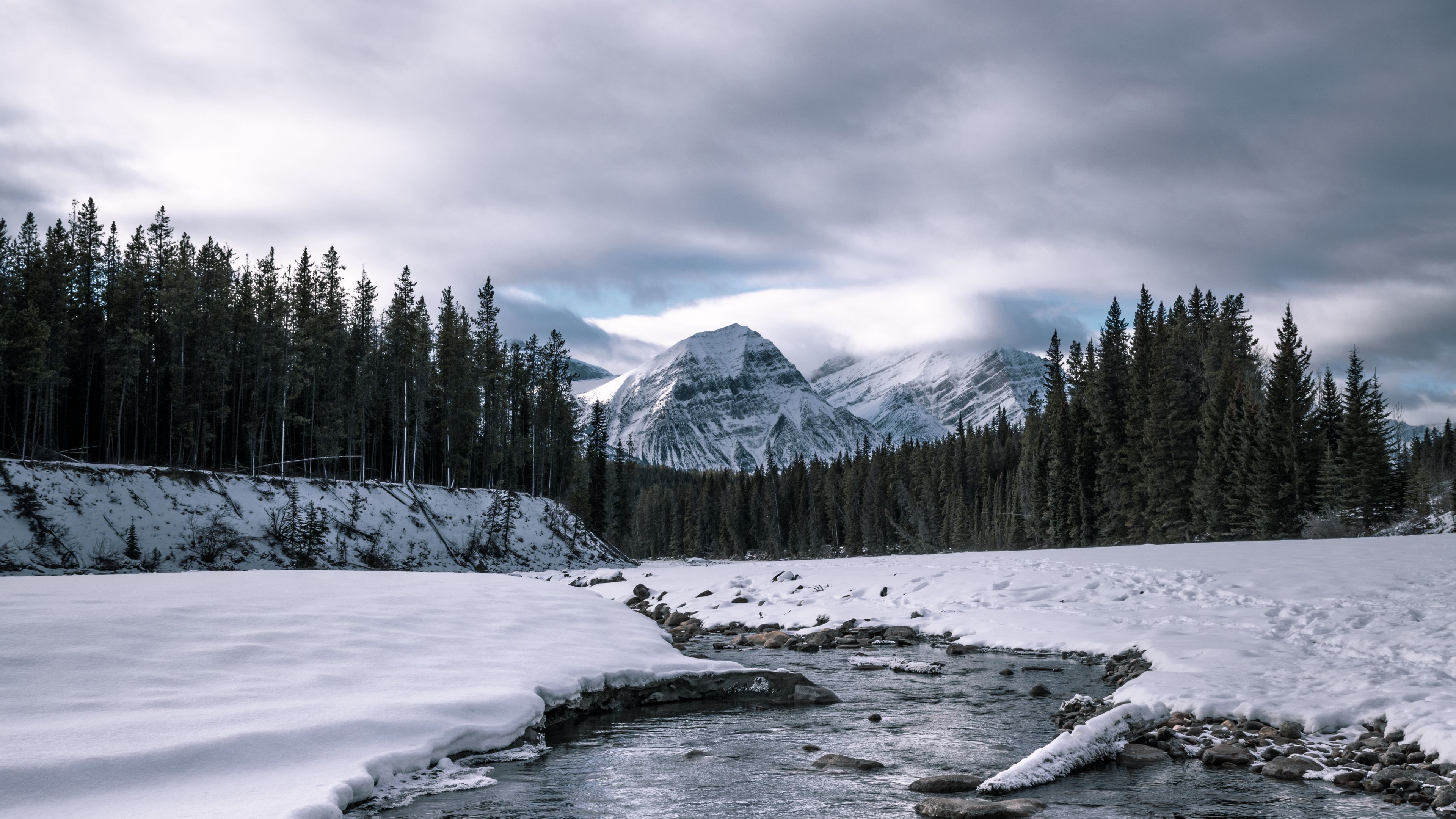 river, mountains, forest, snow, 4k, HD Wallpaper