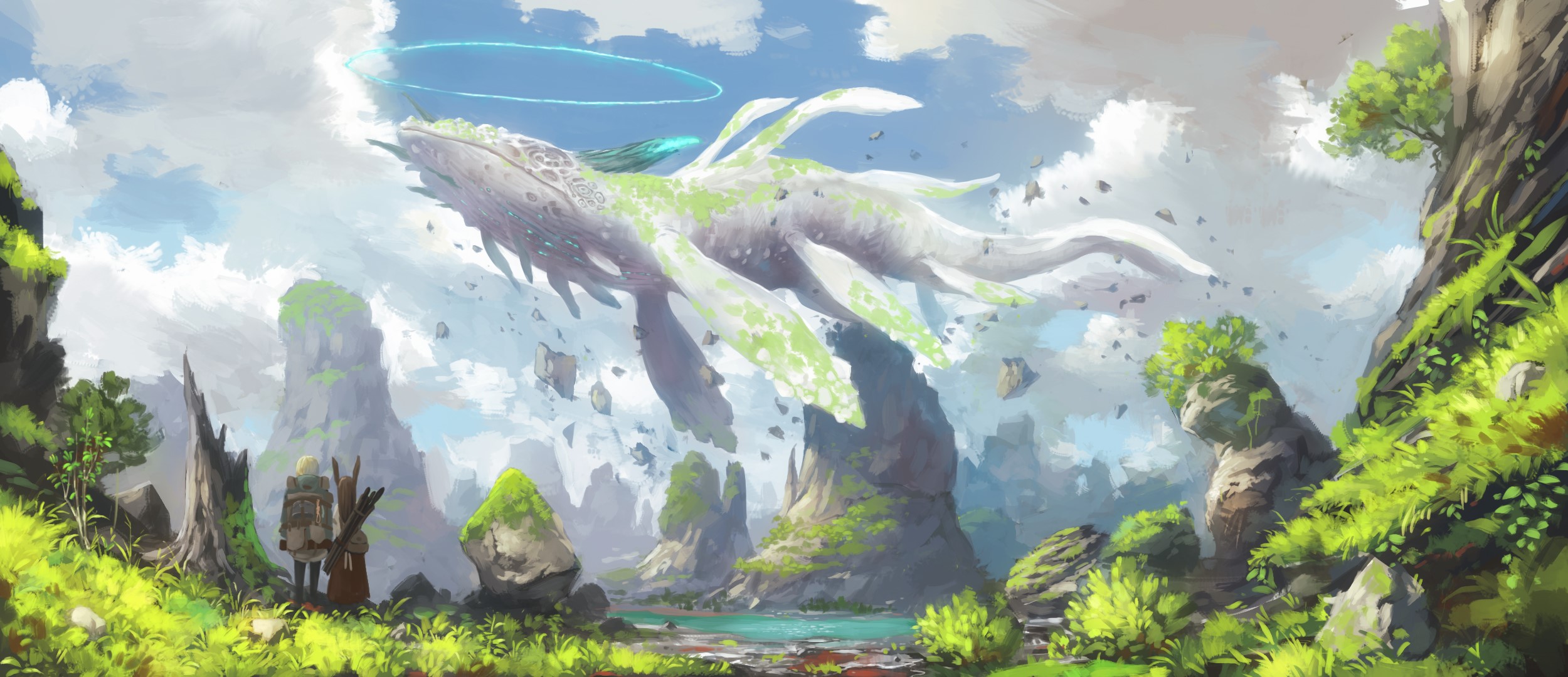 anime, fish, fantasy art, landscape, anime girls, HD Wallpaper