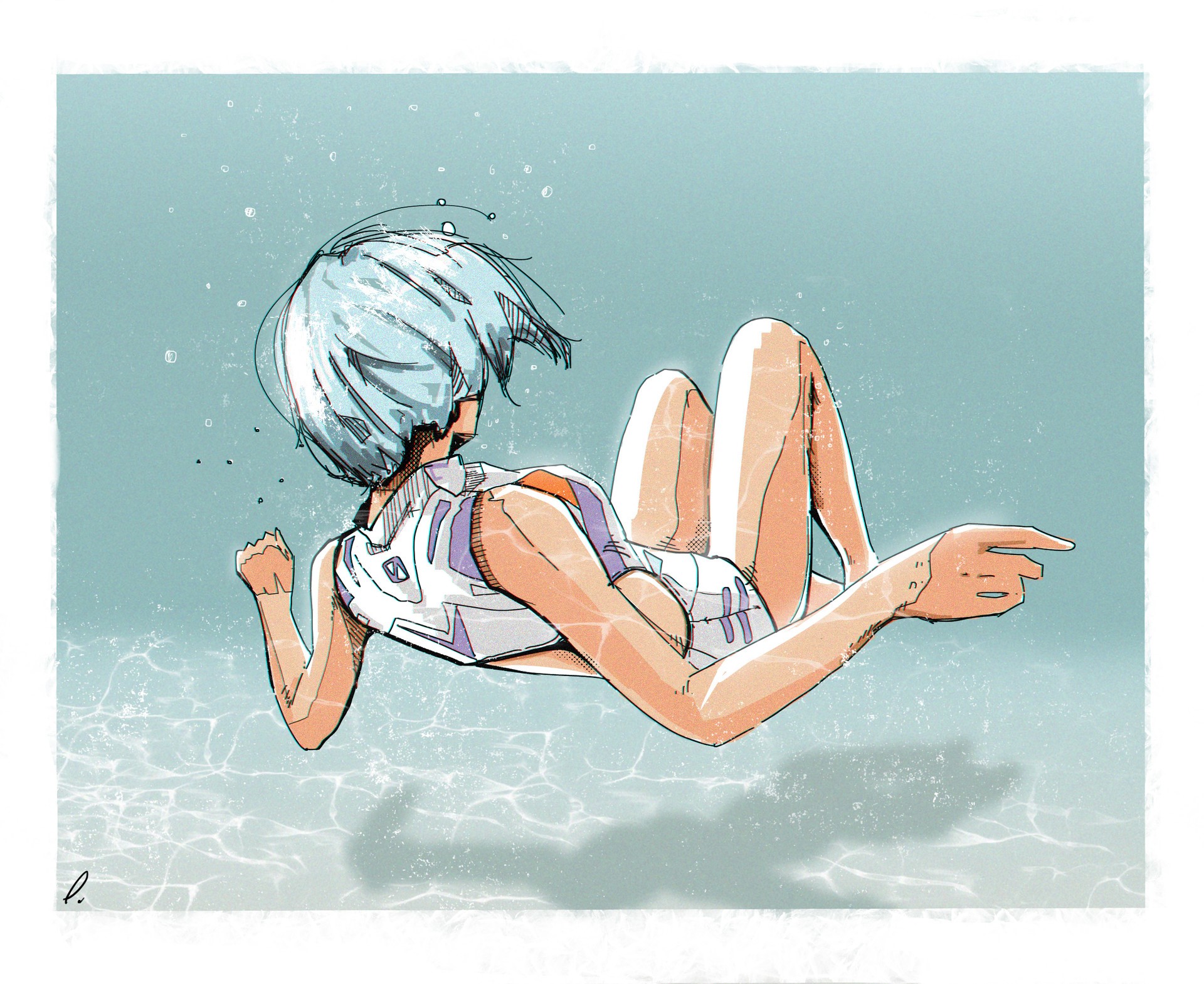 Neon Genesis Evangelion, anime girls, 2D, underwater, thighs, small boobs, short hair, blue hair, Ayanami Rei, plugsuit, Sergey Orlov, fan art, white swimsuit, floating, HD Wallpaper