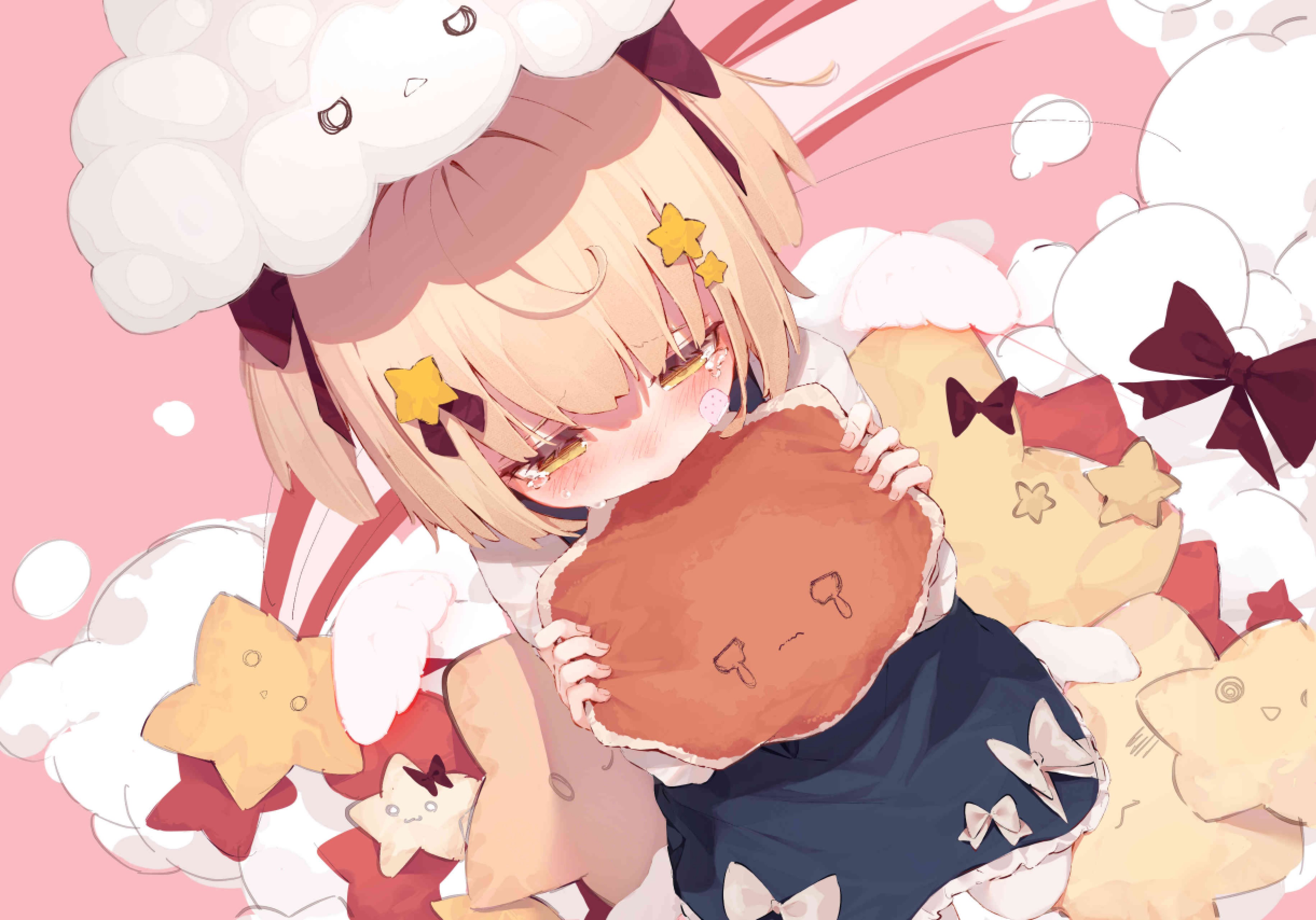 blonde, blush, bow, dress, loli, short hair, tears, thigh-highs, twintails, yellow eyes, anime, HD Wallpaper