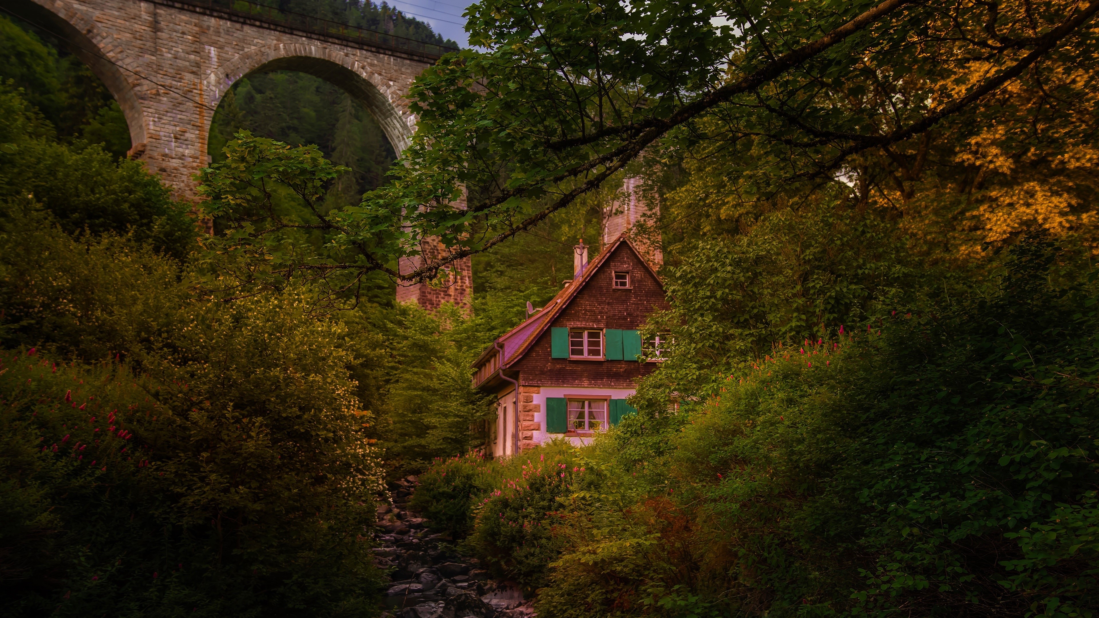 architecture, bridge, house, trees, stones, forest, arch, cabin, HD Wallpaper