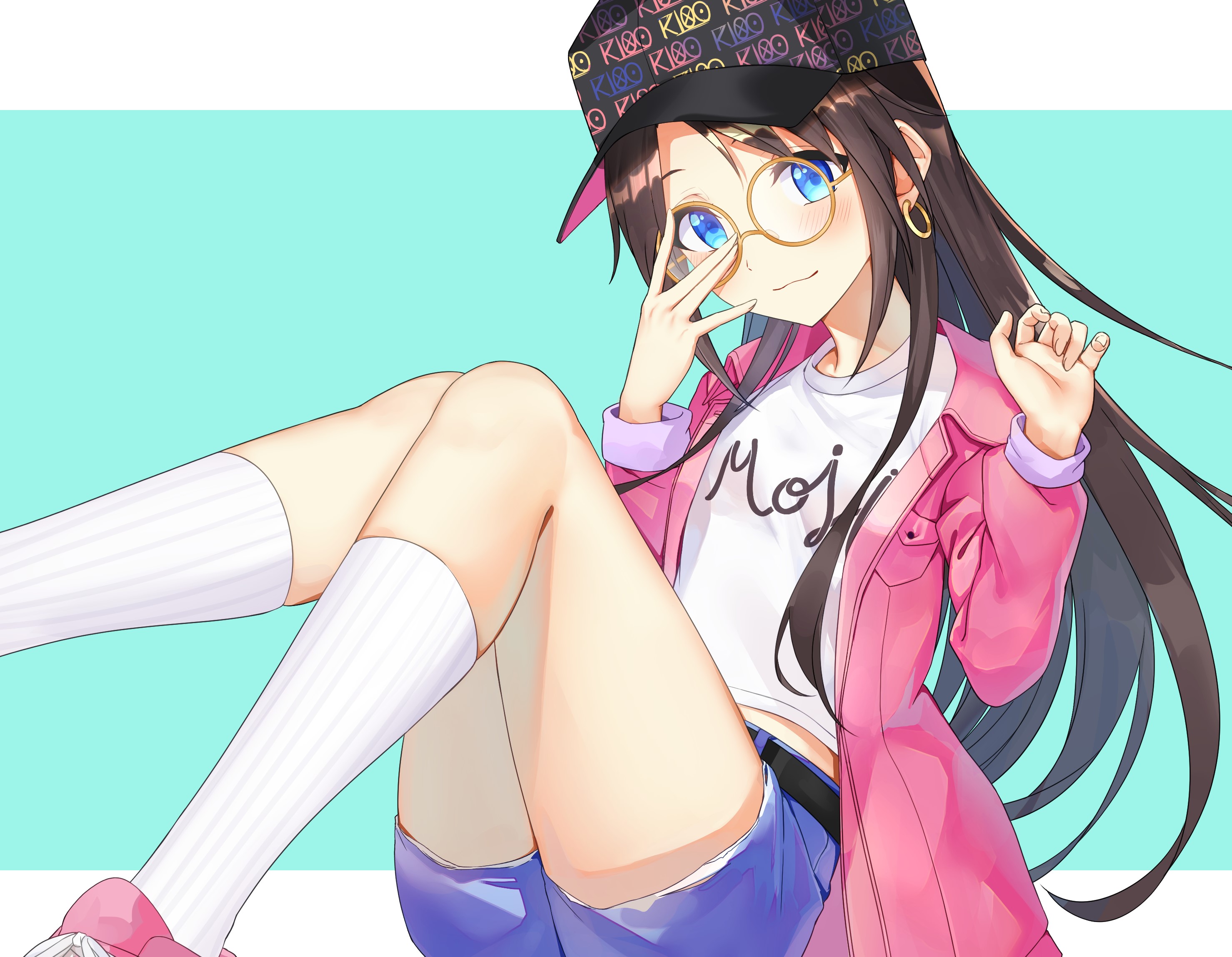 THE, brunette, long hair, glasses, aqua eyes, shorts, thigh-highs, hat, stockings, blue eyes, HD Wallpaper