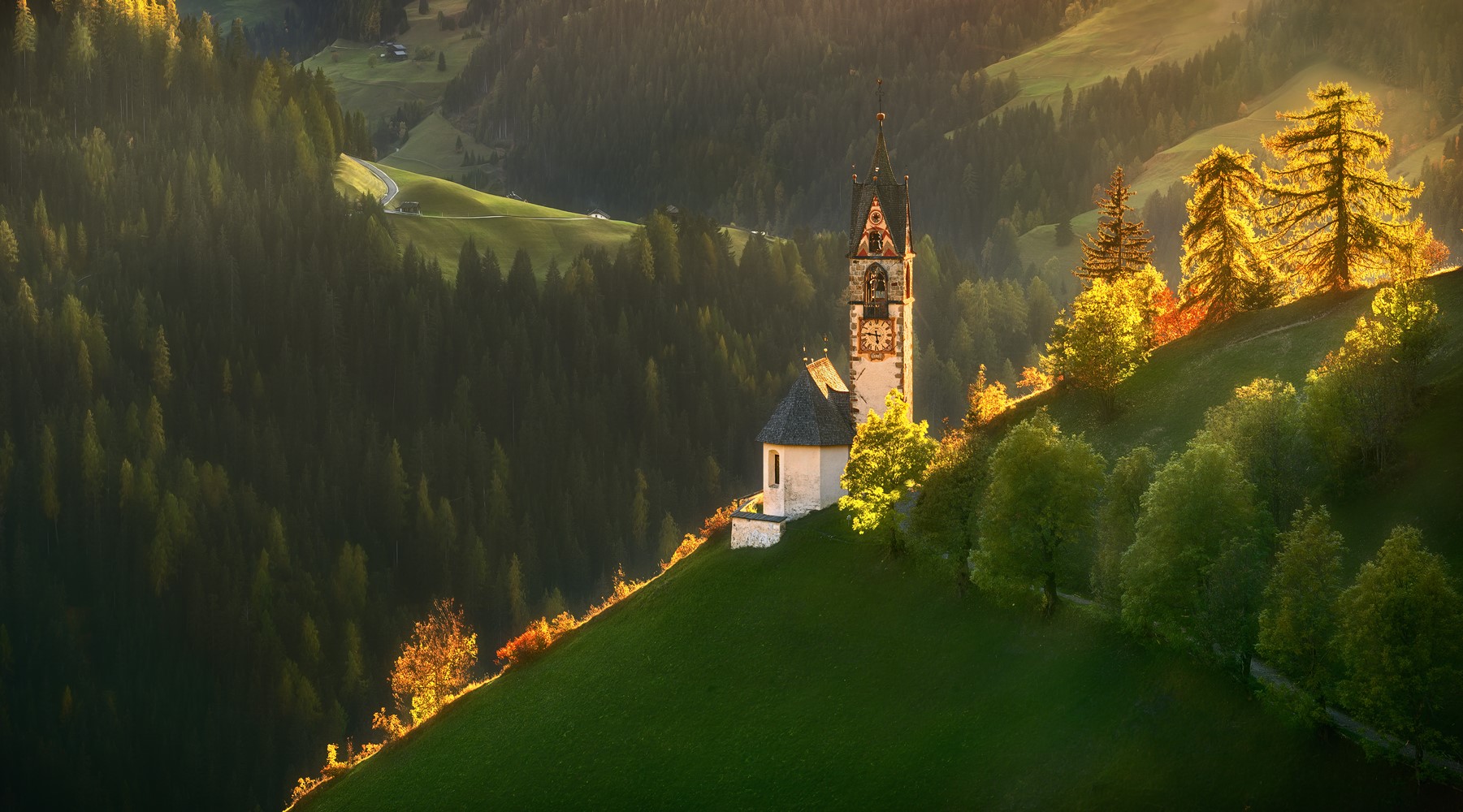 nature, landscape, mountains, valley, sunlight, church, hill, trees, forest, mist, Krzysztof Browko, HD Wallpaper
