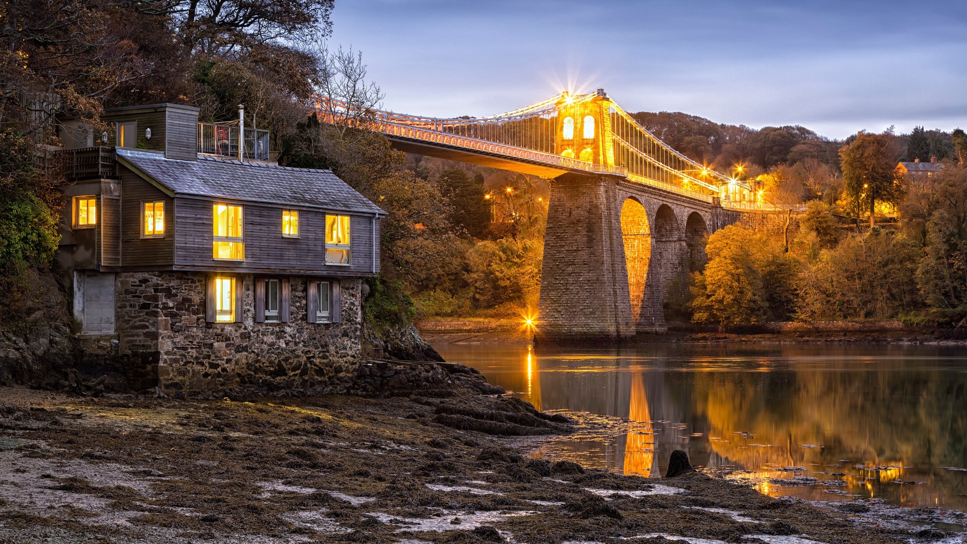 architecture, bridge, house, trees, stones, river, cabin, lights, reflection, banks, England, UK, HD Wallpaper