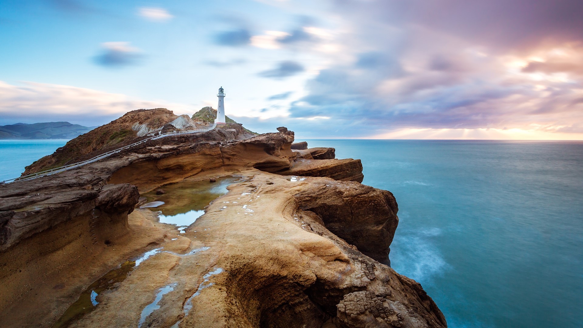 nature, landscape, rocks, water, mountains, sea, clouds, sky, long exposure, horizon, lighthouse, architecture, Castle Point Lighthouse, Wellington, New Zealand, HD Wallpaper