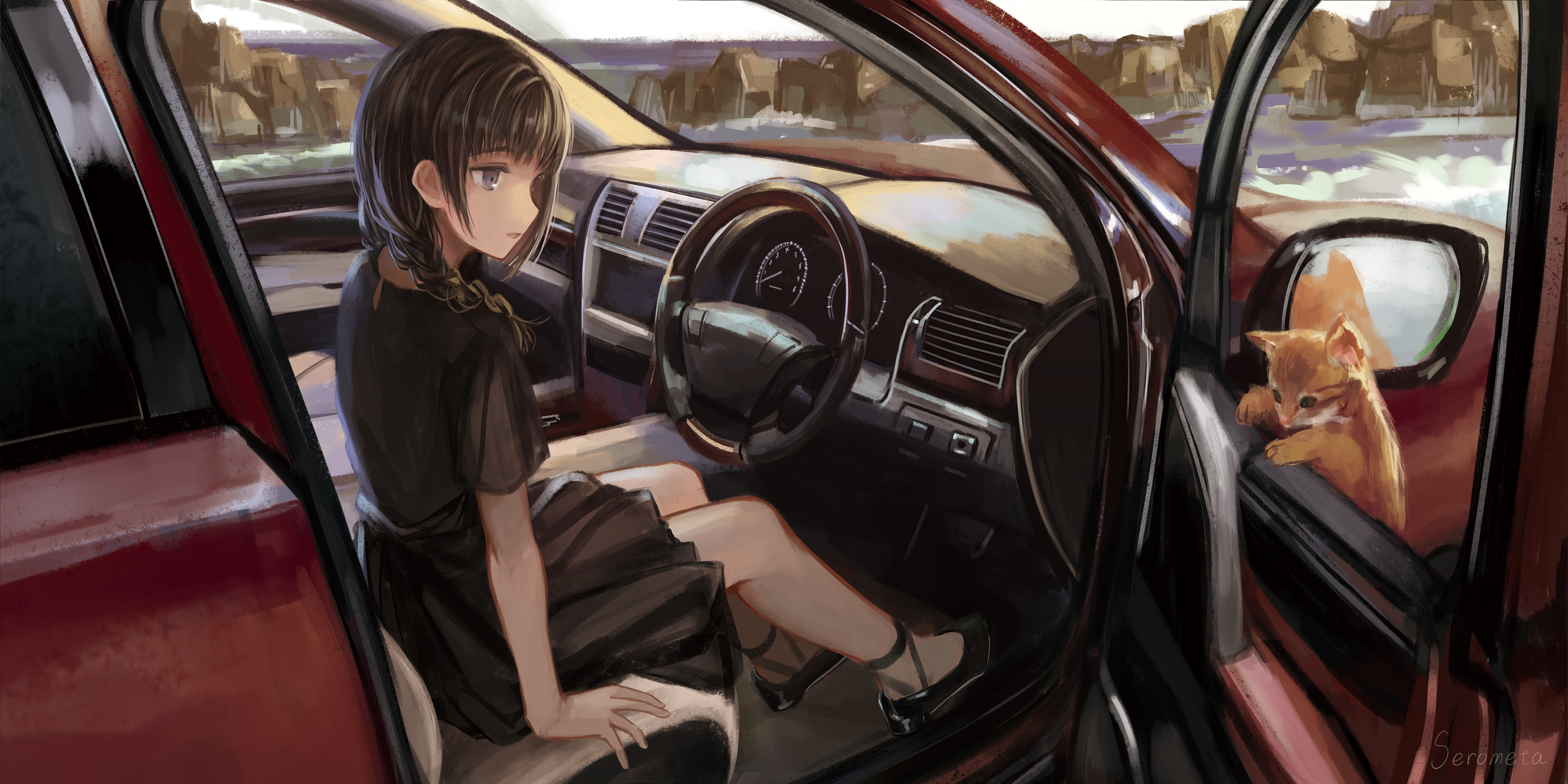 anime, anime girls, dress, car, cats, black hair, artwork, digital art, inside a car, HD Wallpaper