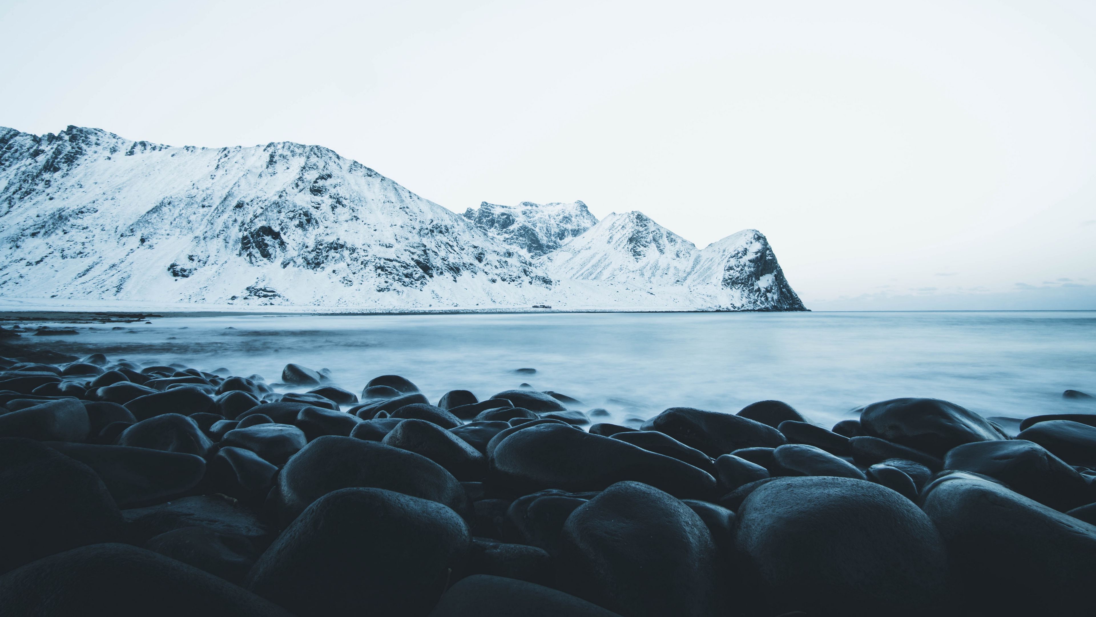 mountains, stones, snow, lake, 4k, HD Wallpaper