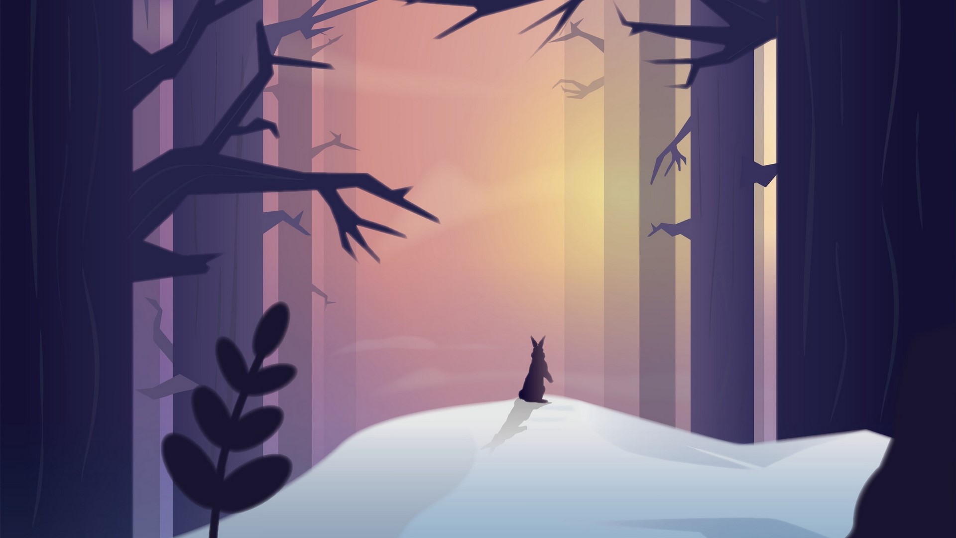 artwork, snow, forest, trees, rabbits, HD Wallpaper