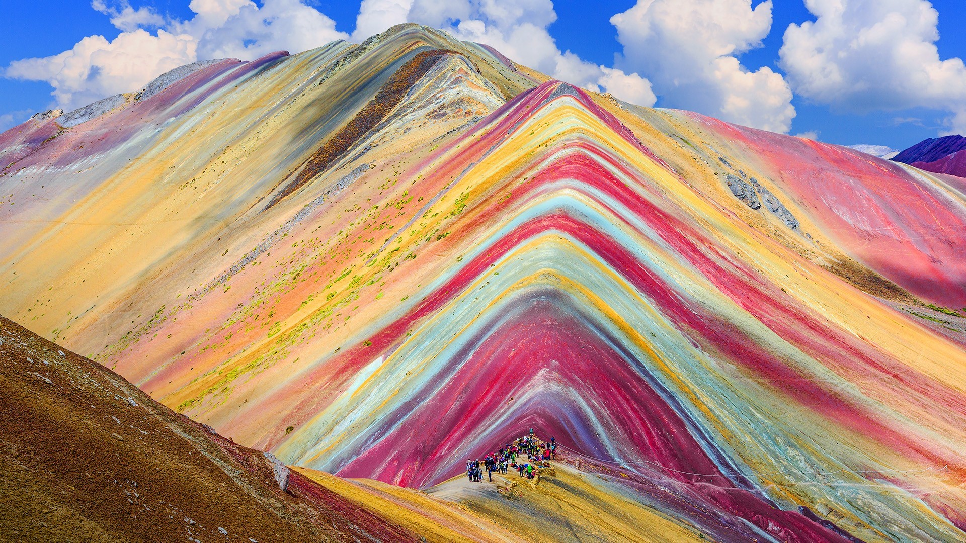landscape, far view, sky, clouds, mountains, Vinicunca Rainbow Mountain, HD Wallpaper