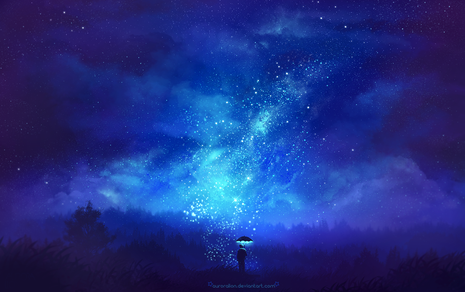 digital art, clouds, space, landscape, stars, watermarked, HD Wallpaper