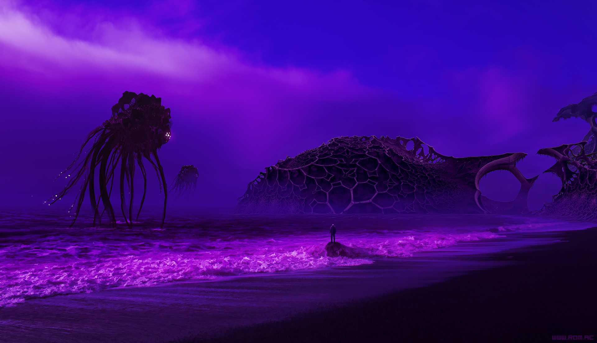 Romantically Apocalyptic, drawing, apocalyptic, sea, waves, creature, shore, purple, dark, HD Wallpaper