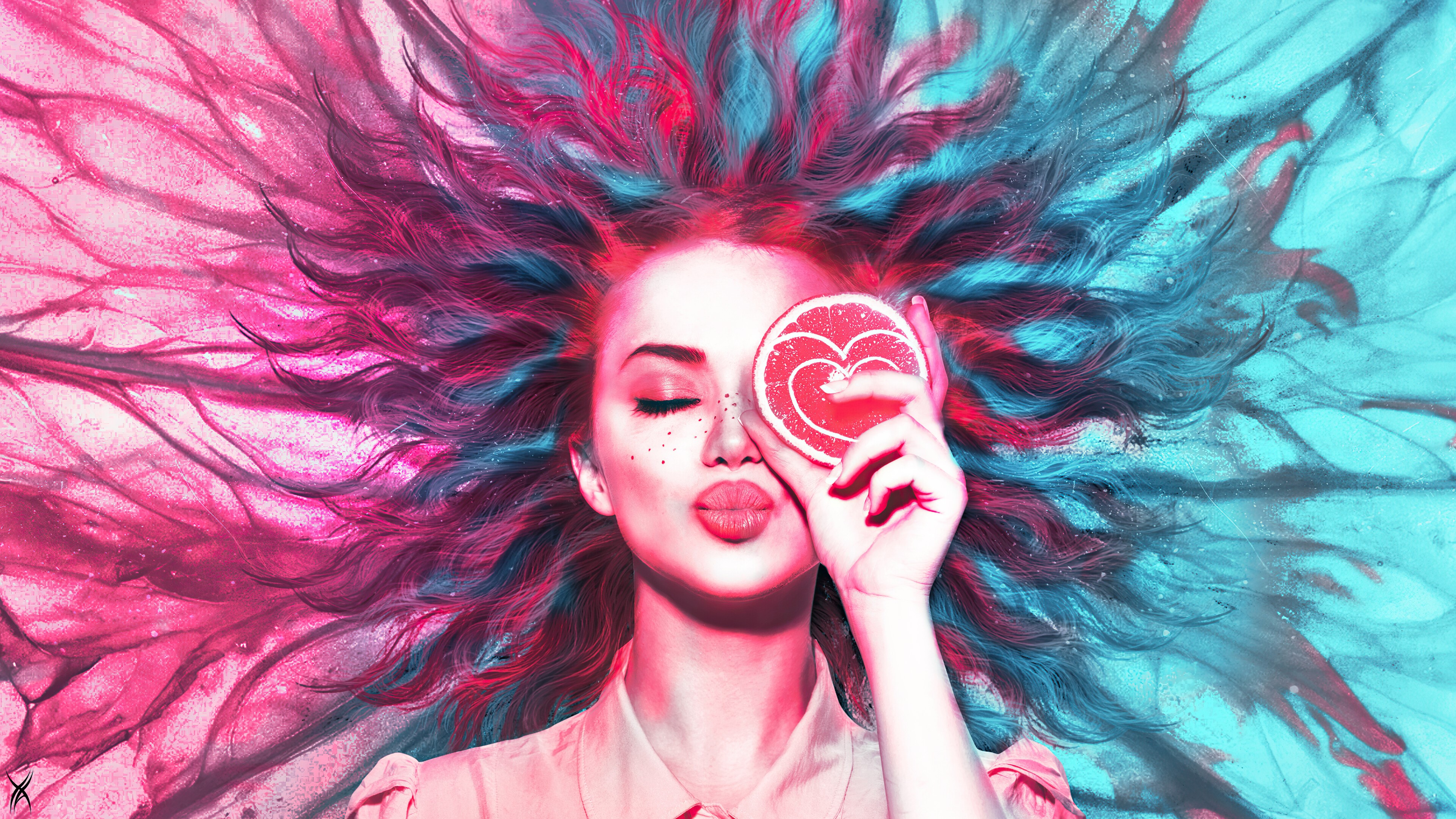 digital art, artwork, concept art, love, heart, lips, lipstick, long hair, pink, blue, women, Photoshop, lemons, kissing, illustration, frontal view, HD Wallpaper