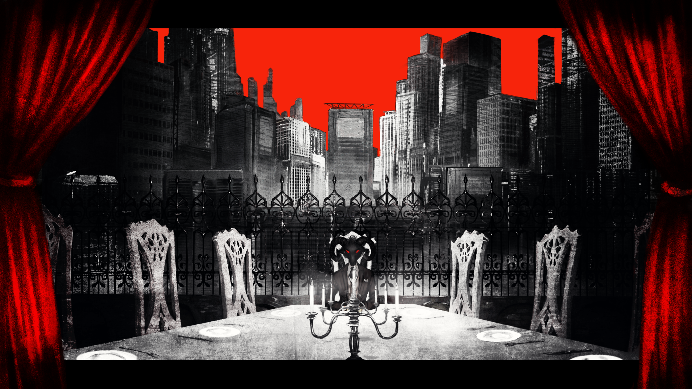 demon, cityscape, table, curtains, fence, artwork, HD Wallpaper