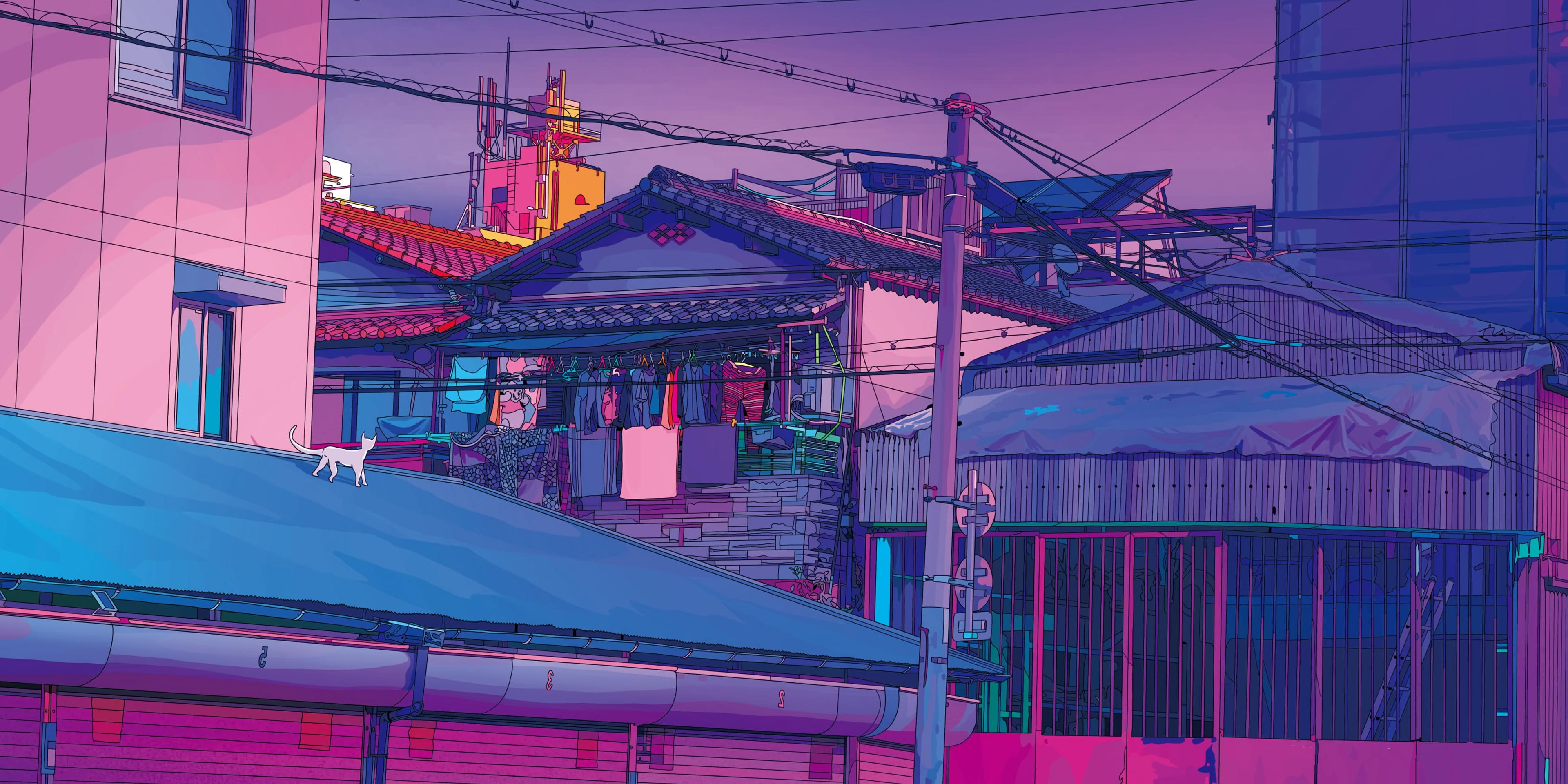 Tokyo, Japan, artwork, digital art, cats, rooftops, HD Wallpaper