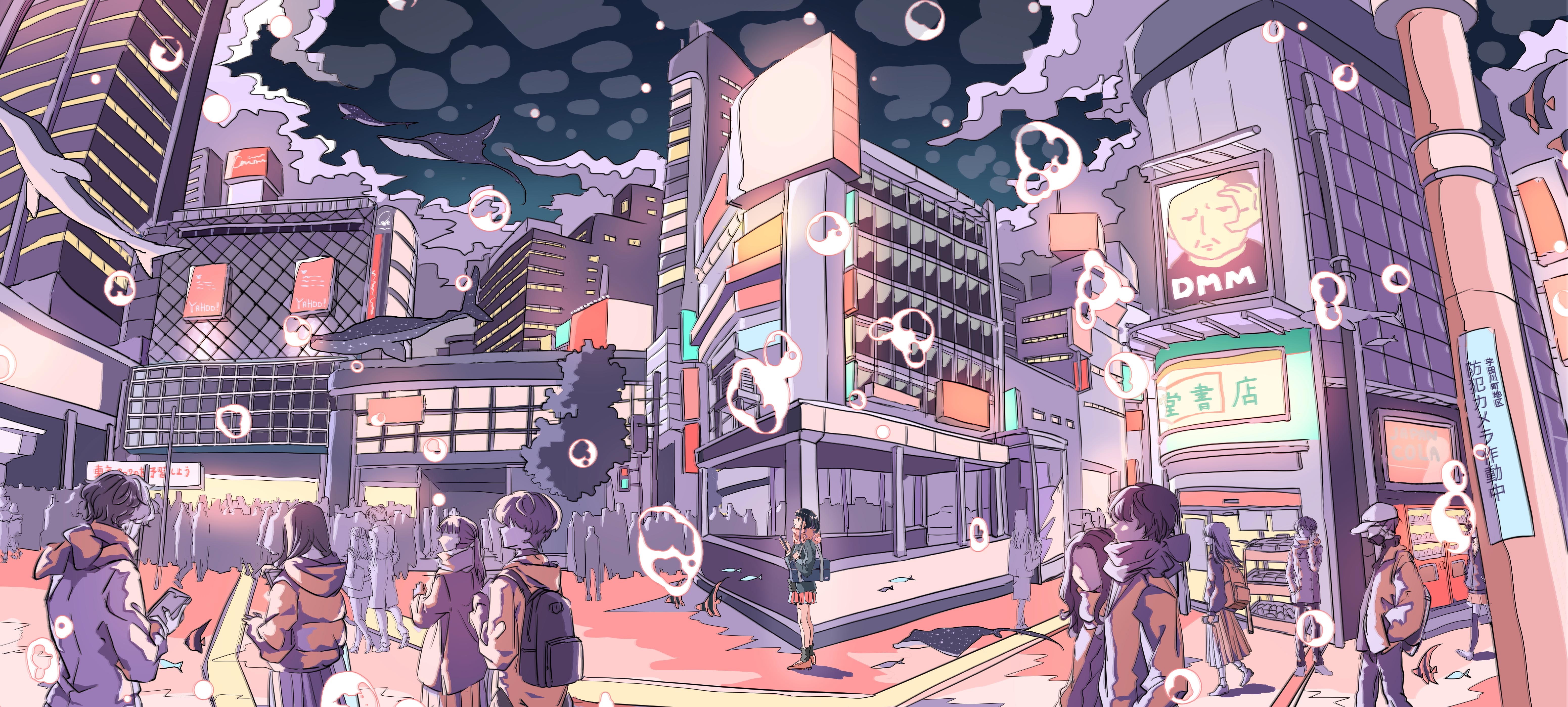 anime, 2D, digital art, artwork, cityscape, bubbles, manta rays, whale, HD Wallpaper