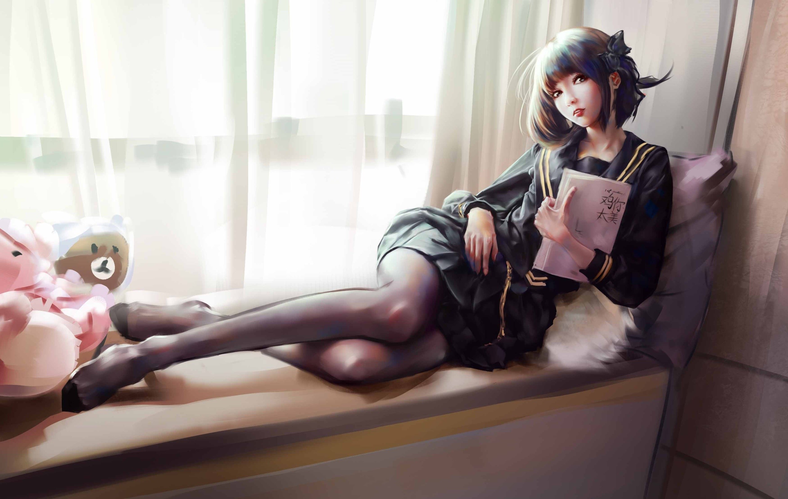 window, anime girls, anime, indoors, dark hair, caixukun, HD Wallpaper