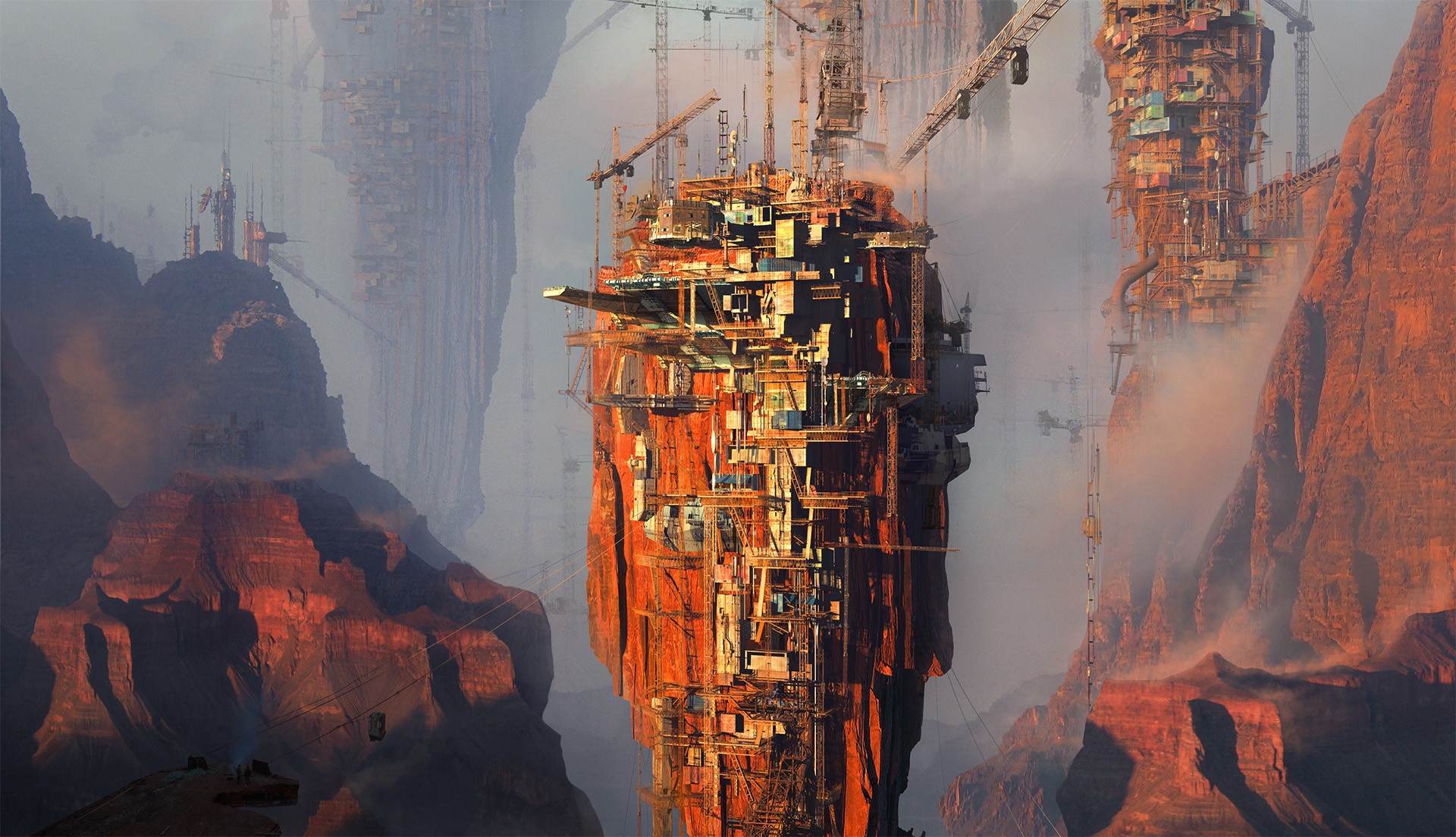 artwork, tower, Tamas Medve, city, cranes (machine), HD Wallpaper