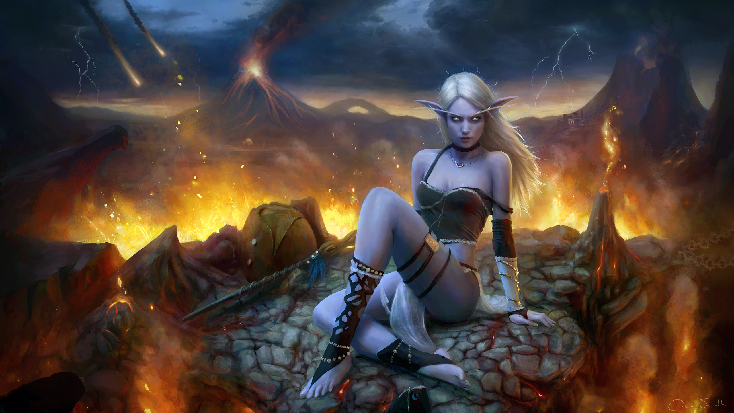 Jorsch, drawing, women, Warcraft III: Reforged, Night Elves, elves, silver hair, long hair, wind, pointy ears, glowing eyes, frown, looking at viewer, choker, jewelry, necklace, cleavage, tank top, straps, skimpy clothes, skirt, fire, volcano, volcanic eruption, burning, storm, lightning, HD Wallpaper
