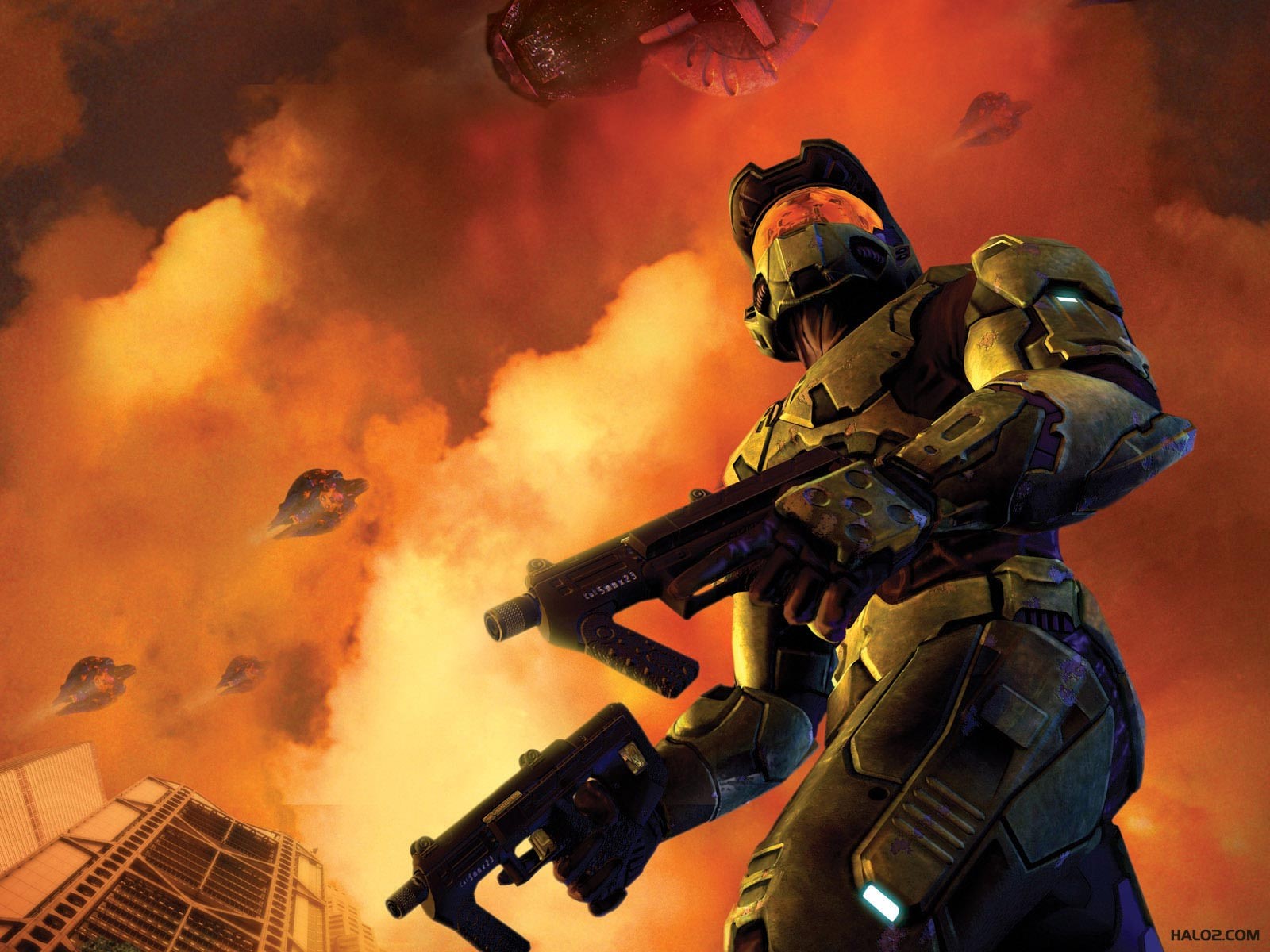 video games, Halo, Halo 2, Spartans (Halo), Master Chief, Covenant, fire, Phantom, submachine gun, war, futuristic armor, low-angle, video game man, HD Wallpaper