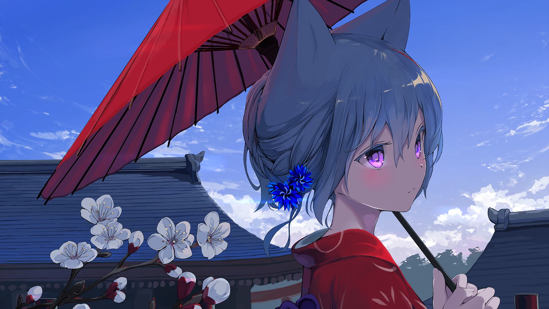 anime, anime girls, 2D, artwork, digital art, animal ears, blue hair, sky, purple eyes, Japanese clothes, Japanese Art, HD Wallpaper