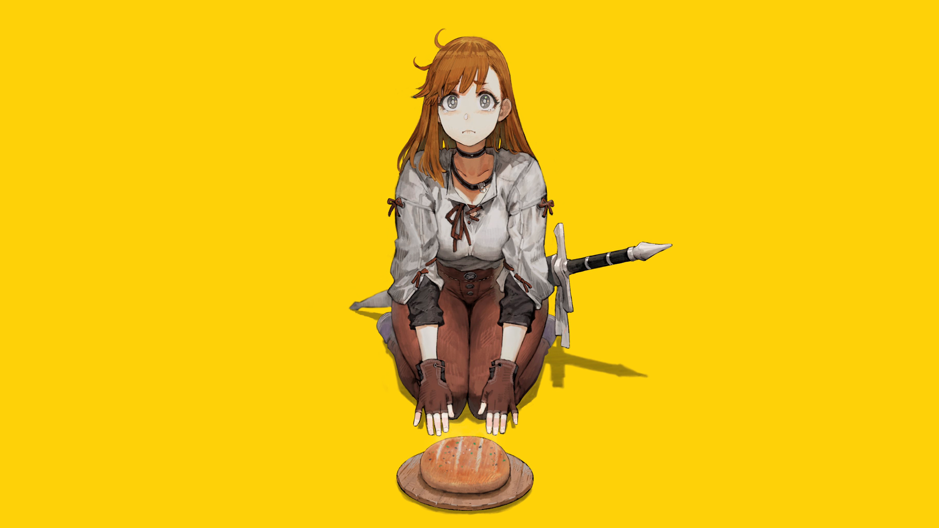 anime, anime girls, simple background, bread, sitting, tears, thighs, sword, looking at viewer, yellow background, frontal view, HD Wallpaper