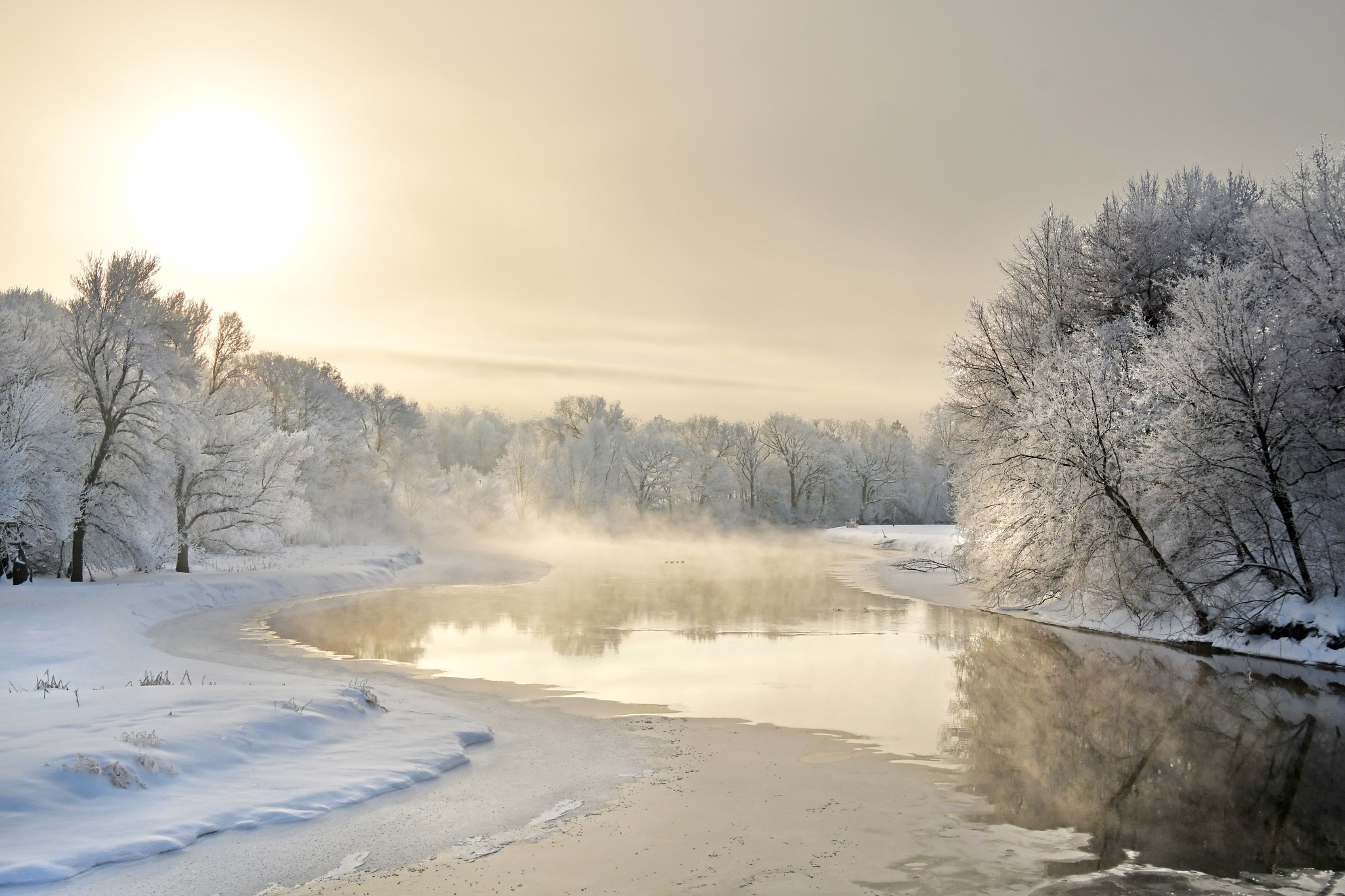 snow, lake, landscape, winter, frost, trees, HD Wallpaper