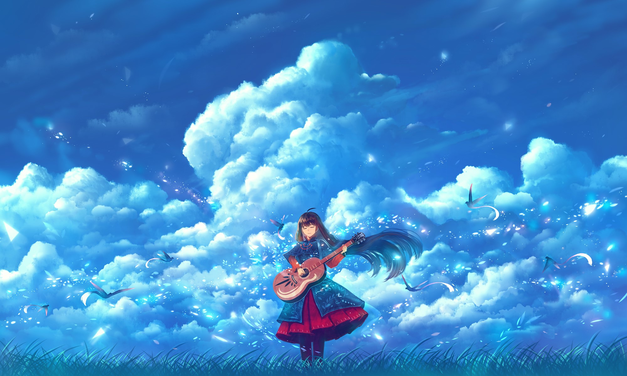 clouds, sky, birds, black hair, guitar, dress, long hair, petals, instrument, colorful, bou nin, HD Wallpaper