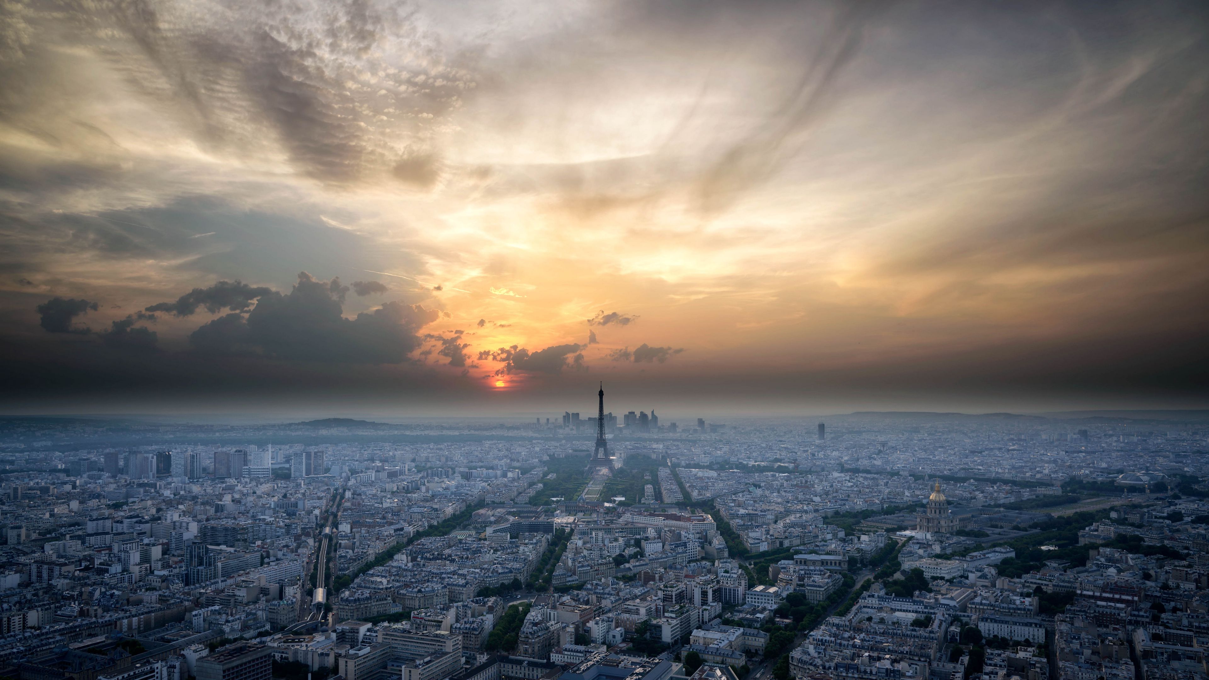paris, france, architecture, sunset, sky, aerial view, 4k, HD Wallpaper