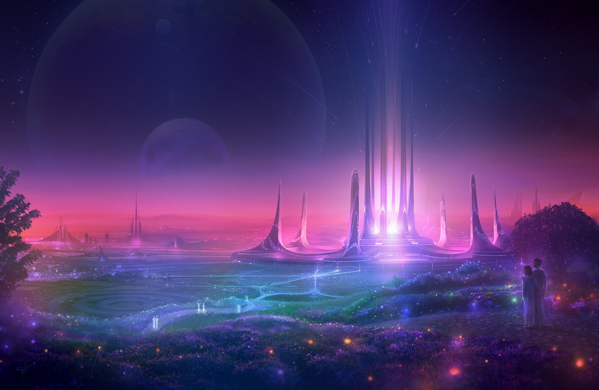 glowing, landscape, science fiction, planet, stars, night, pillar, beam, purple, city, HD Wallpaper