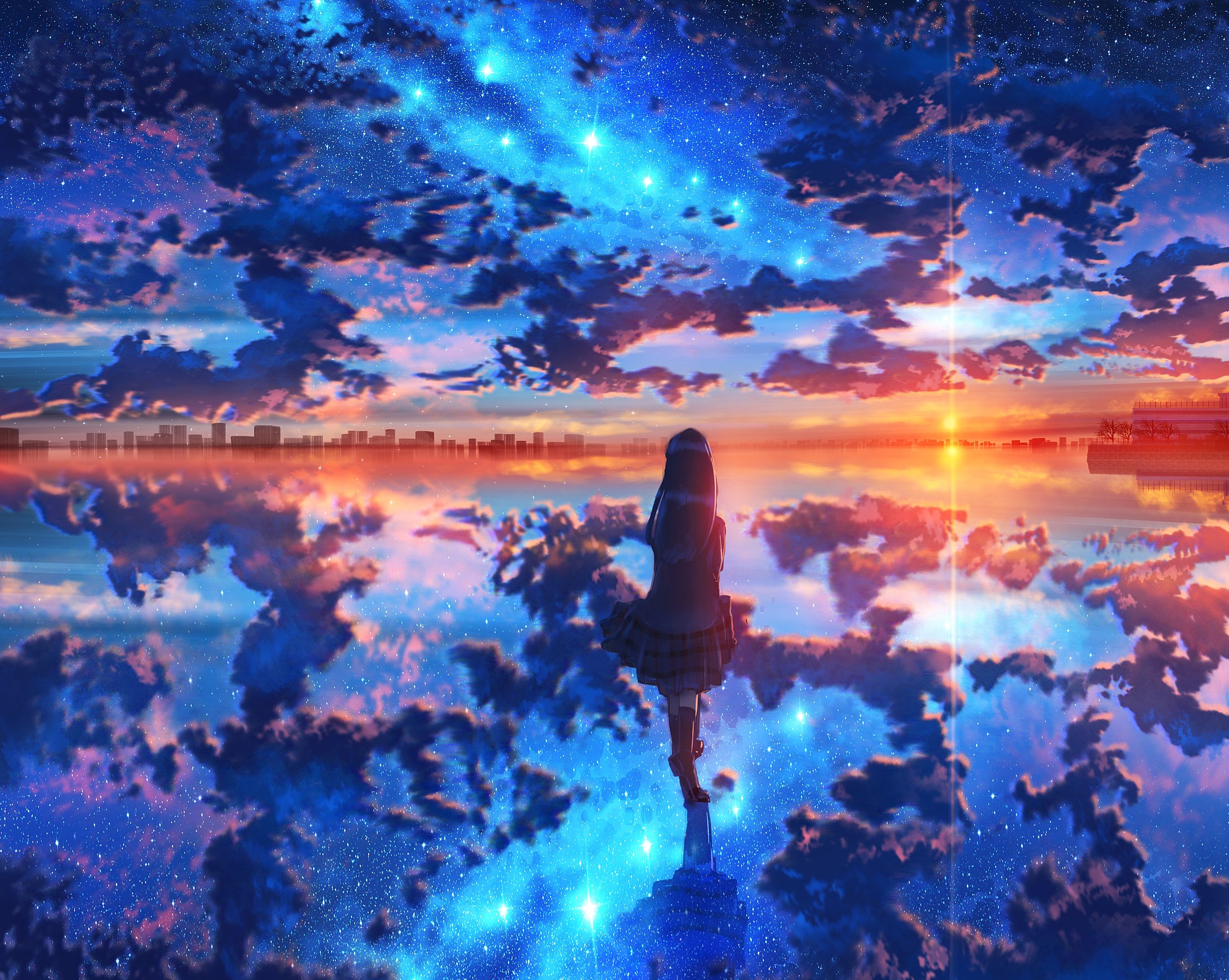 anime, 2D, artwork, digital art, landscape, sky, clouds, HD Wallpaper