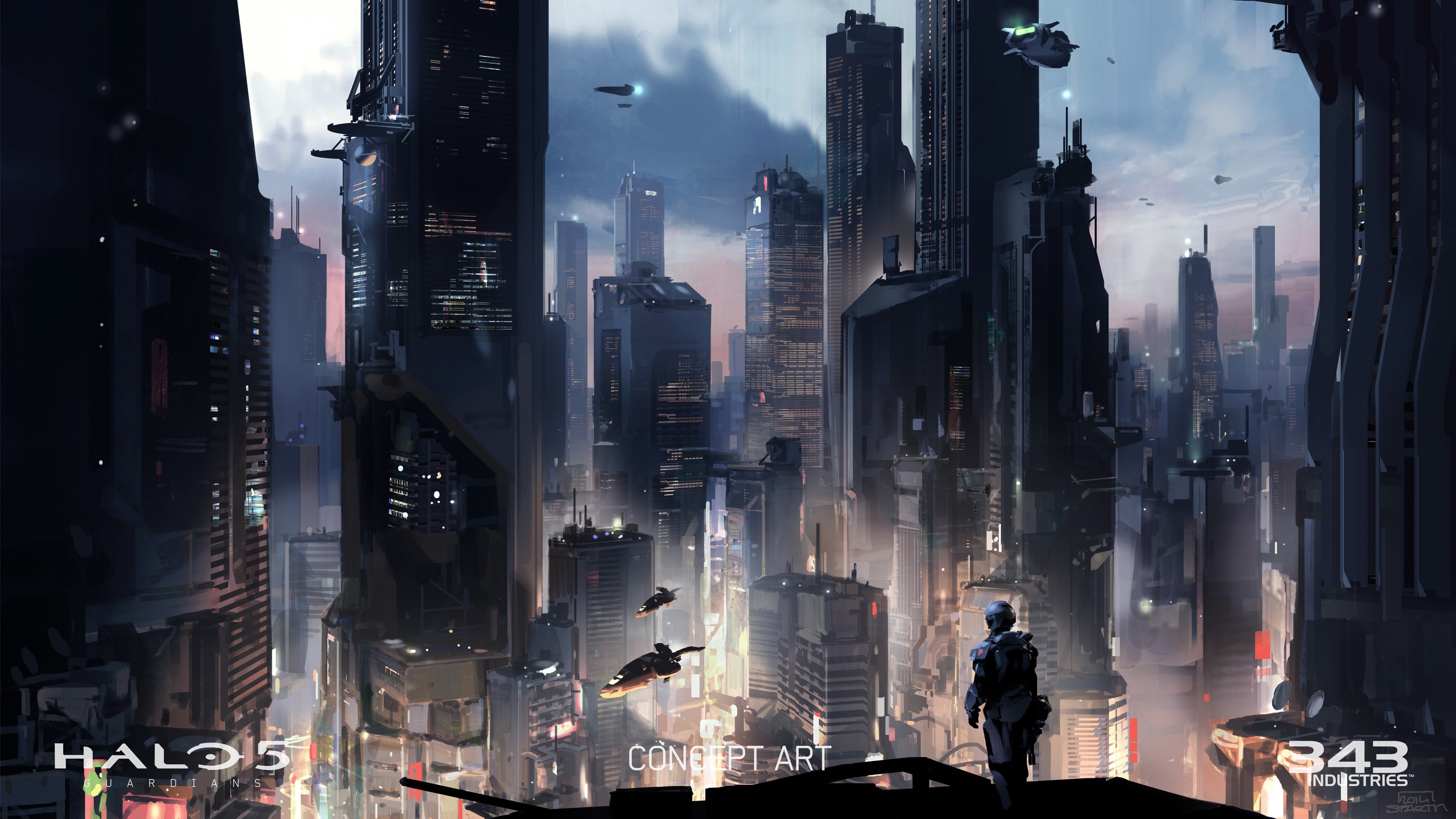 Halo 5: Guardians, city, skyscraper, aircraft, HD Wallpaper