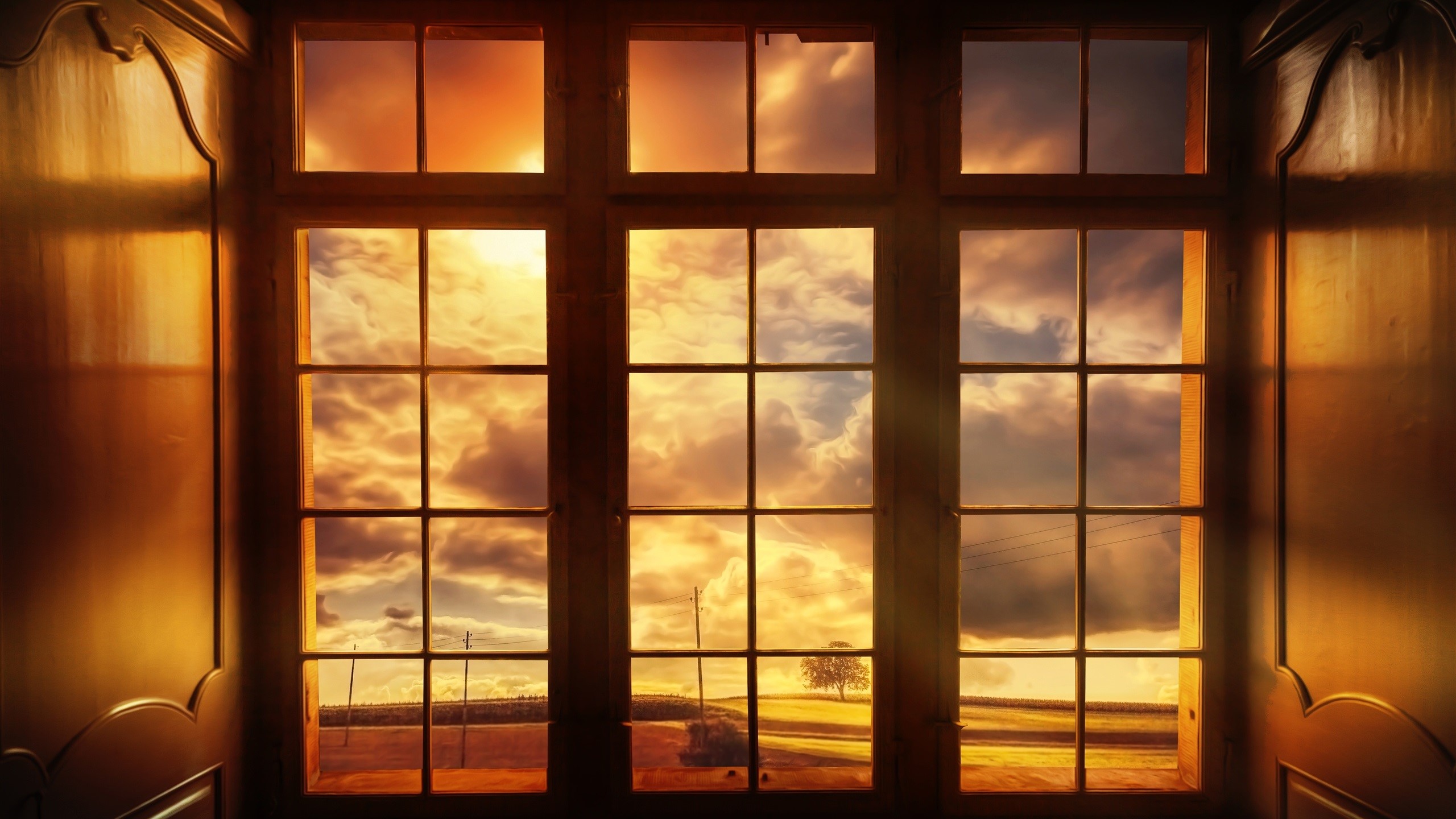 window, glass, clouds, sunlight, sky, nature, landscape, HD Wallpaper