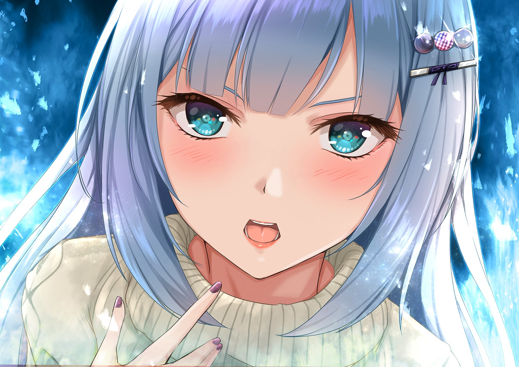 Shiraishi Tsumugi, blue hair, aqua eyes, blush, open mouth, long hair, anime, HD Wallpaper