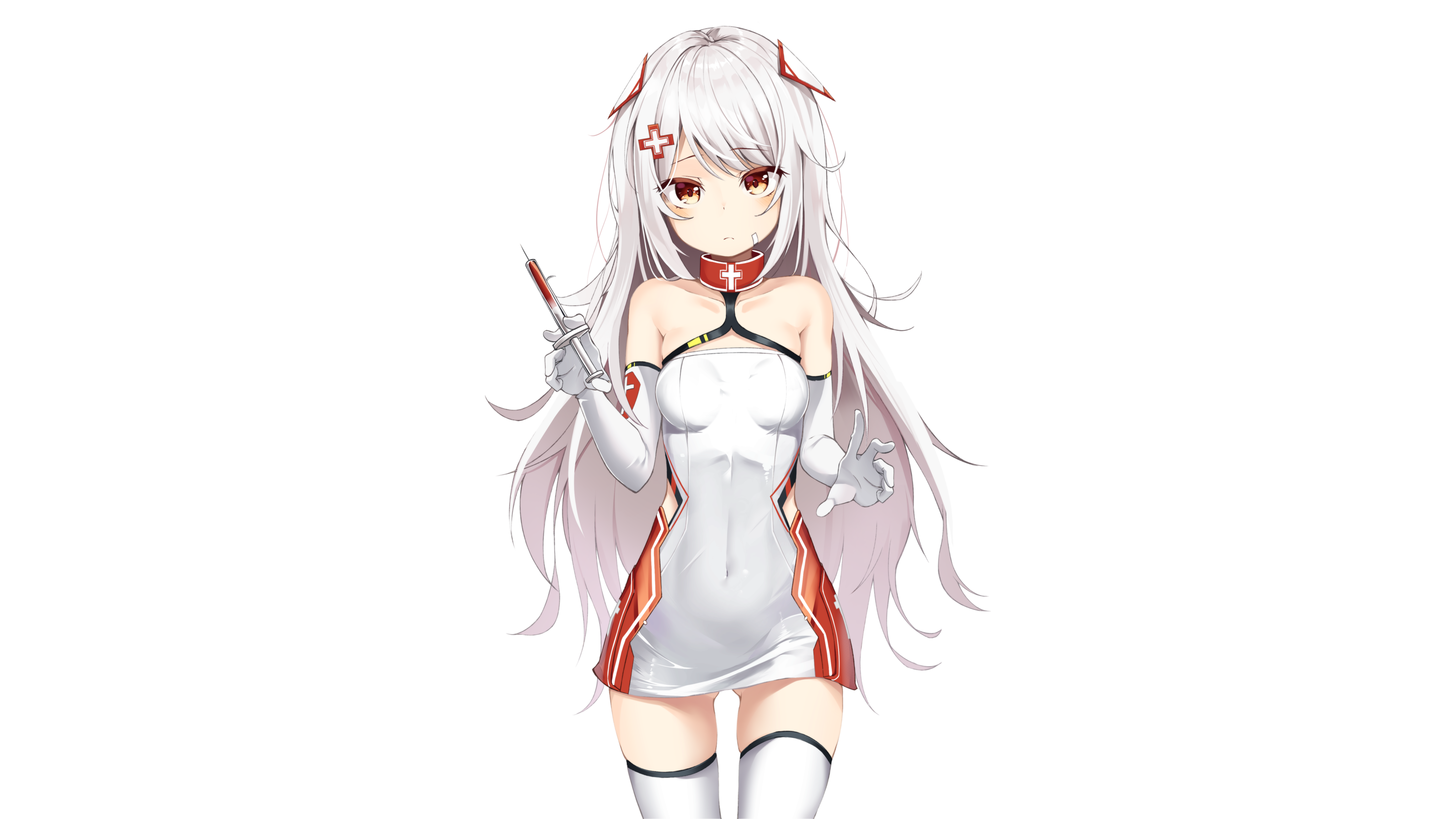 white hair, long hair, bodysuit, collar, elbow gloves, gloves, red eyes, stockings, anime, HD Wallpaper