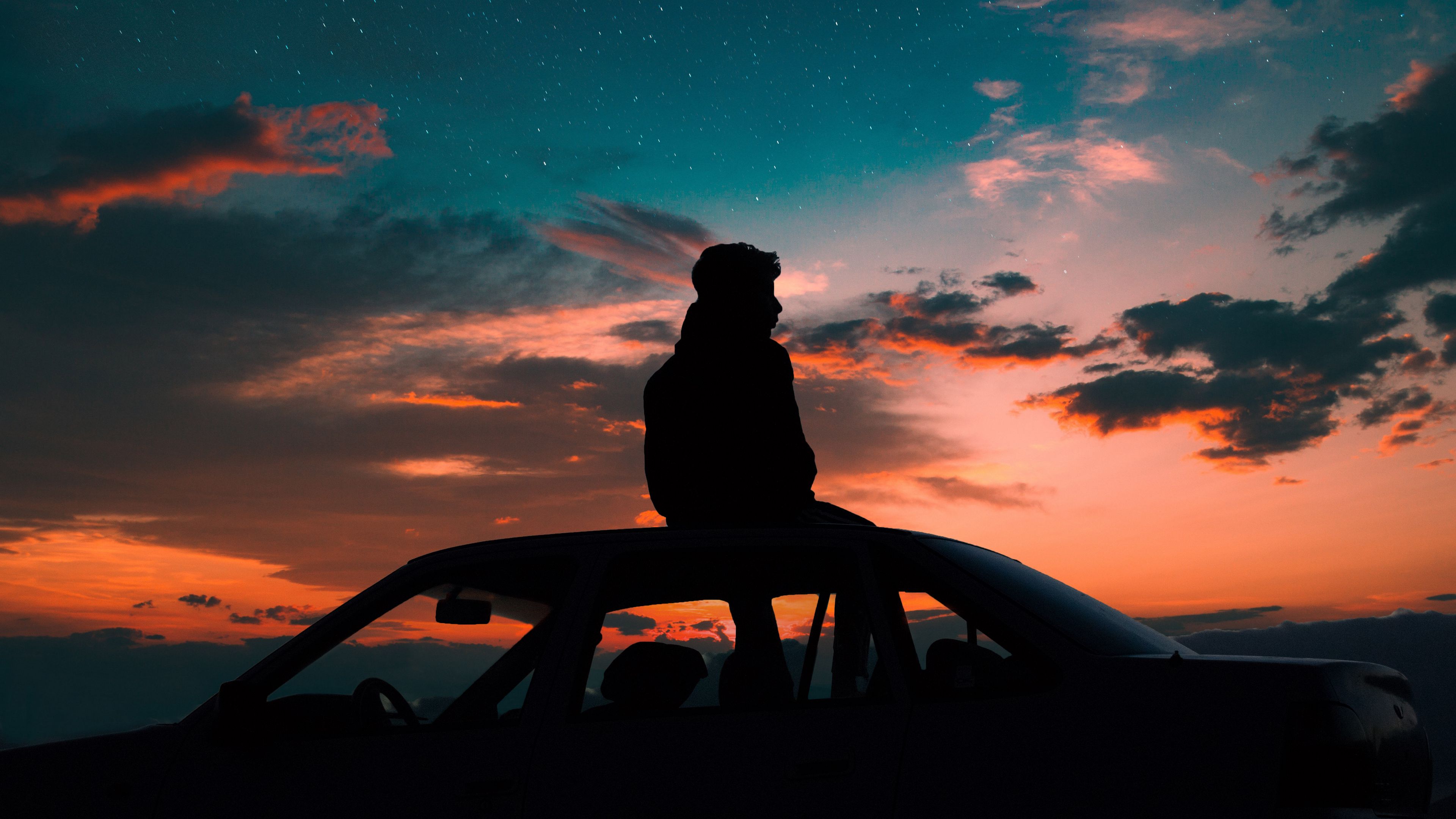 man, starry sky, car, solitude, loneliness, 4k, HD Wallpaper