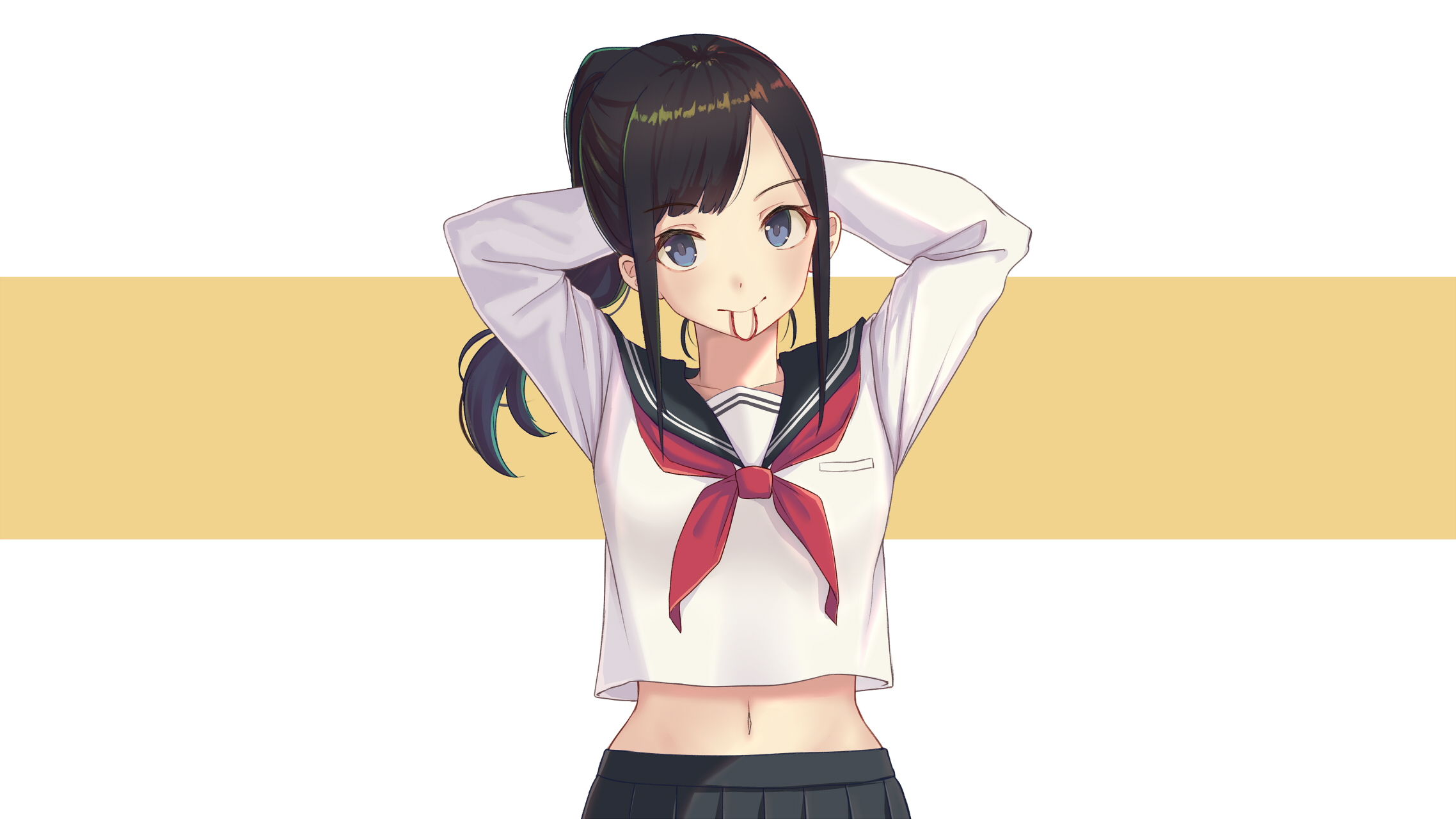 school uniform, black hair, blush, ponytail, blue eyes, navels, long hair, HD Wallpaper
